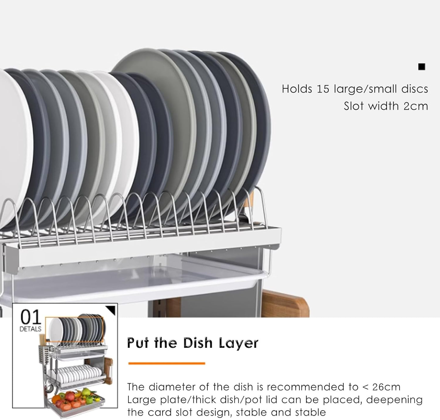 304 Stainless Steel Wall-Mounted Dish Drying Rack, Adjustable Height Dish Drainer with Cutting Board Holder, Dish Rack for Kitchen Organizer Space Saver - Silver