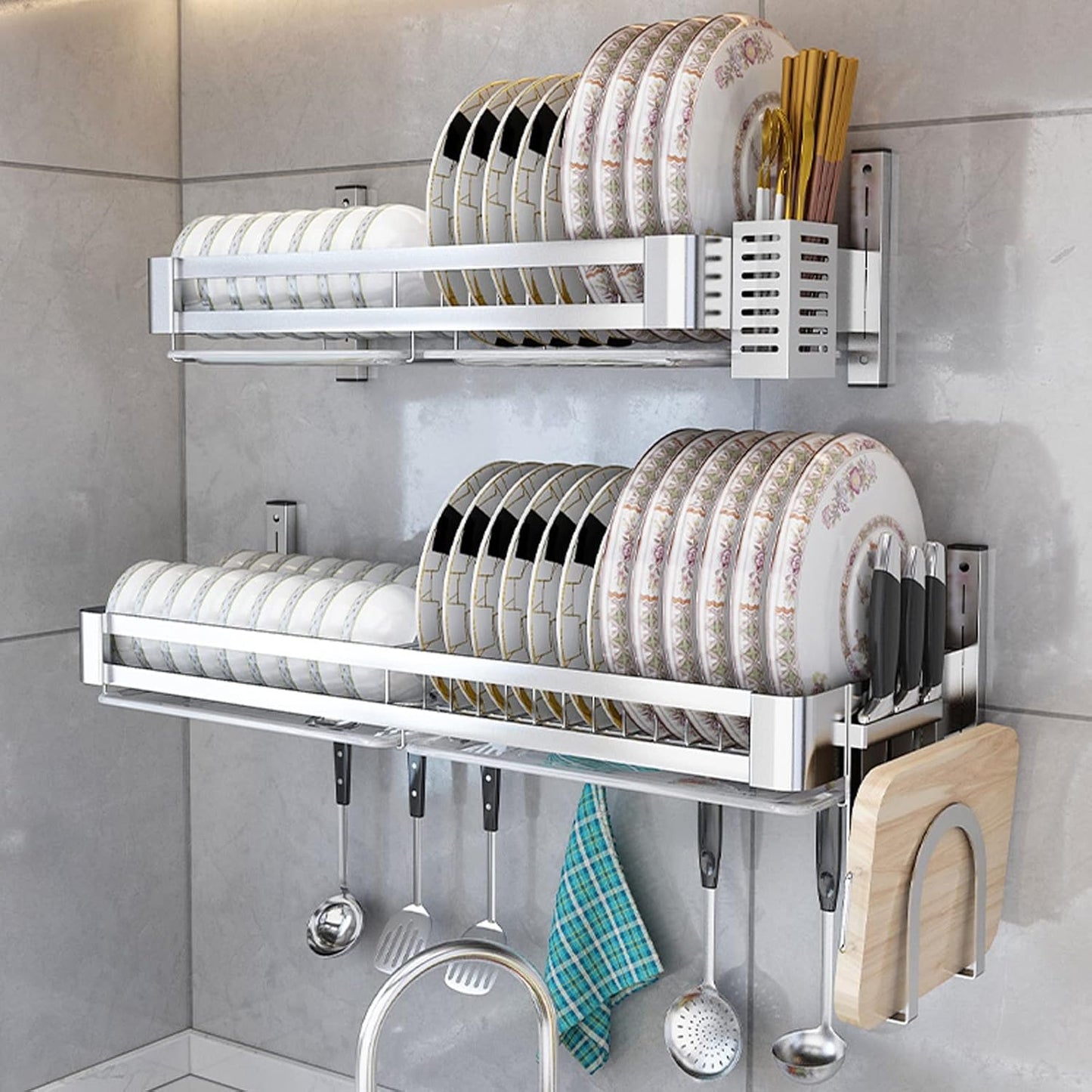 Stainless Steel Wall-Mounted Dish Rack, Dish Drying Rack with Drip Tray, Cutlery Rack and Cutting Board Rack, Silver (60x30cm,Silver)