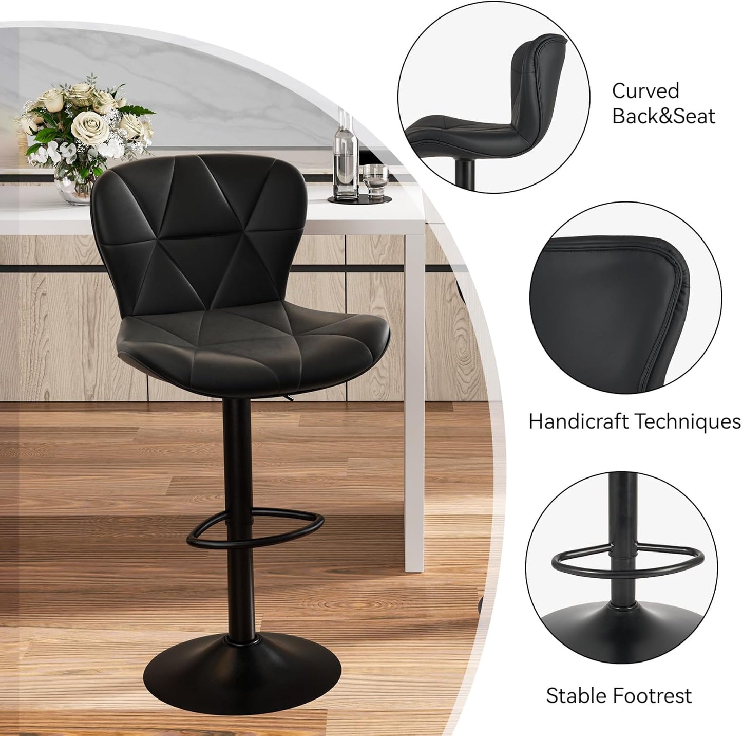 Modern Bar Stools Set of 2, Adjustable Faux Leather Upholstered Swivel Bar Stools, Counter Height Bar Chairs with Back for Kitchen Island, Black
