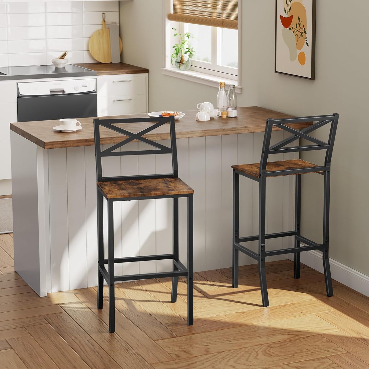 Bar Stools, Set of 2 Bar Chairs with Backrest and Footrest, 26" Tall Counter Bar Stools, Kitchen Breakfast Bar Chairs, Easy Assembly, for Dining Room, Rustic Brown BAHR0901N1