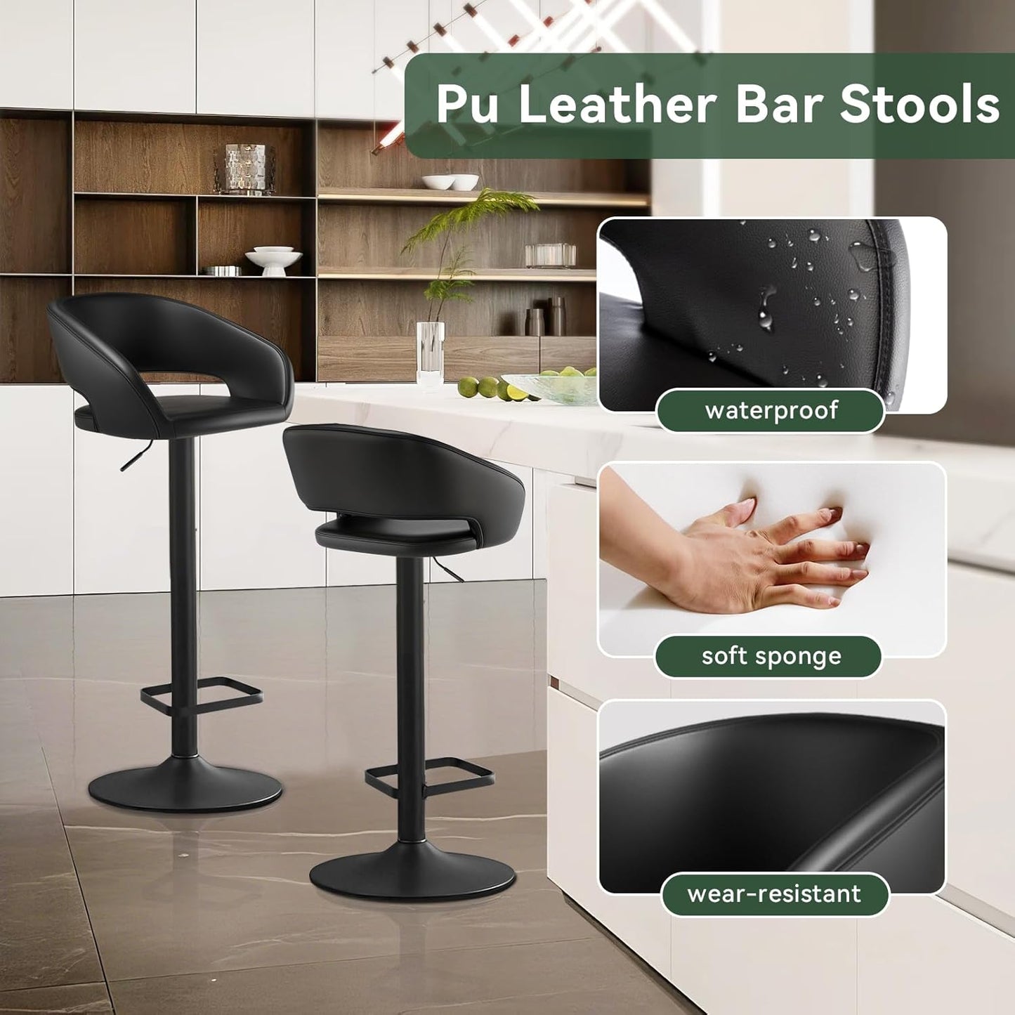 Adjustable Swivel Bar Stool with Arms, Hollow Back & Footrest, Modern PU Leather Counter Height Stools, Gas Lift Bar Chair for Kitchen Island, Home Bar, Dining Room (Black, Black Base)