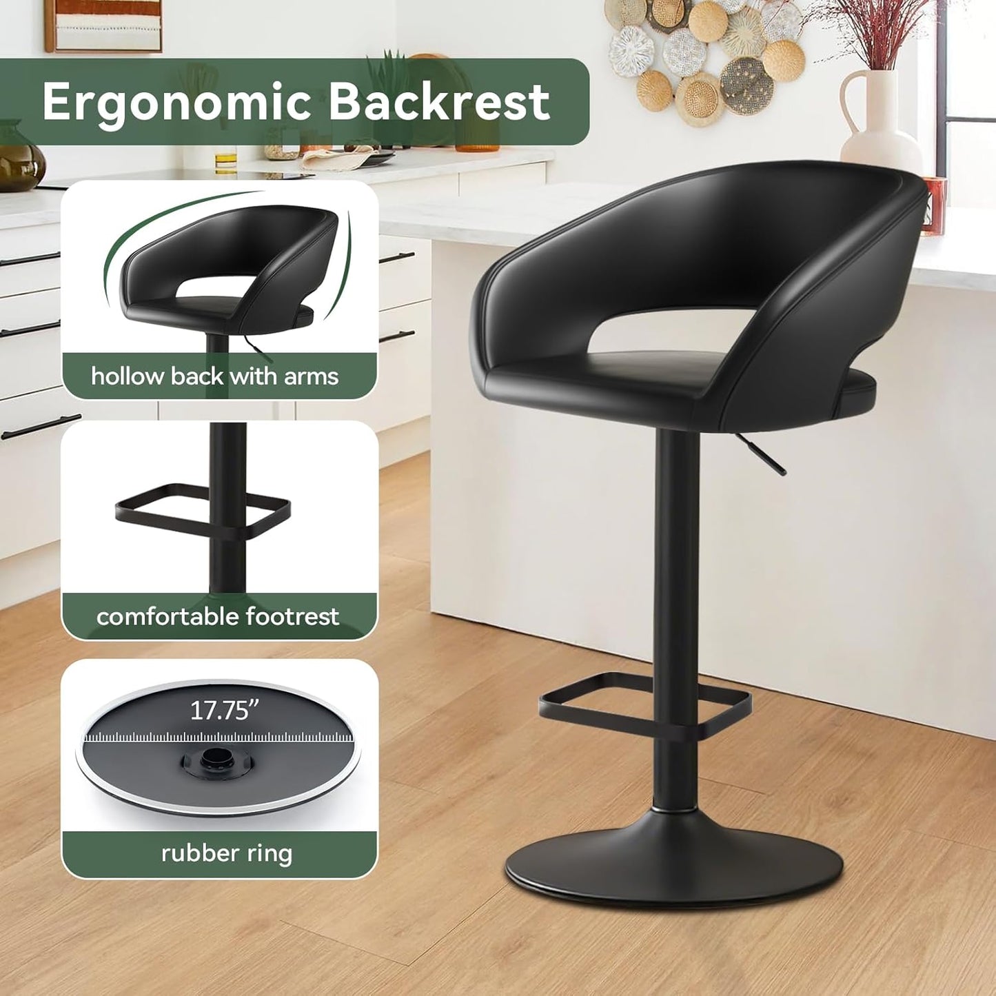 Adjustable Swivel Bar Stool with Arms, Hollow Back & Footrest, Modern PU Leather Counter Height Stools, Gas Lift Bar Chair for Kitchen Island, Home Bar, Dining Room (Black, Black Base)