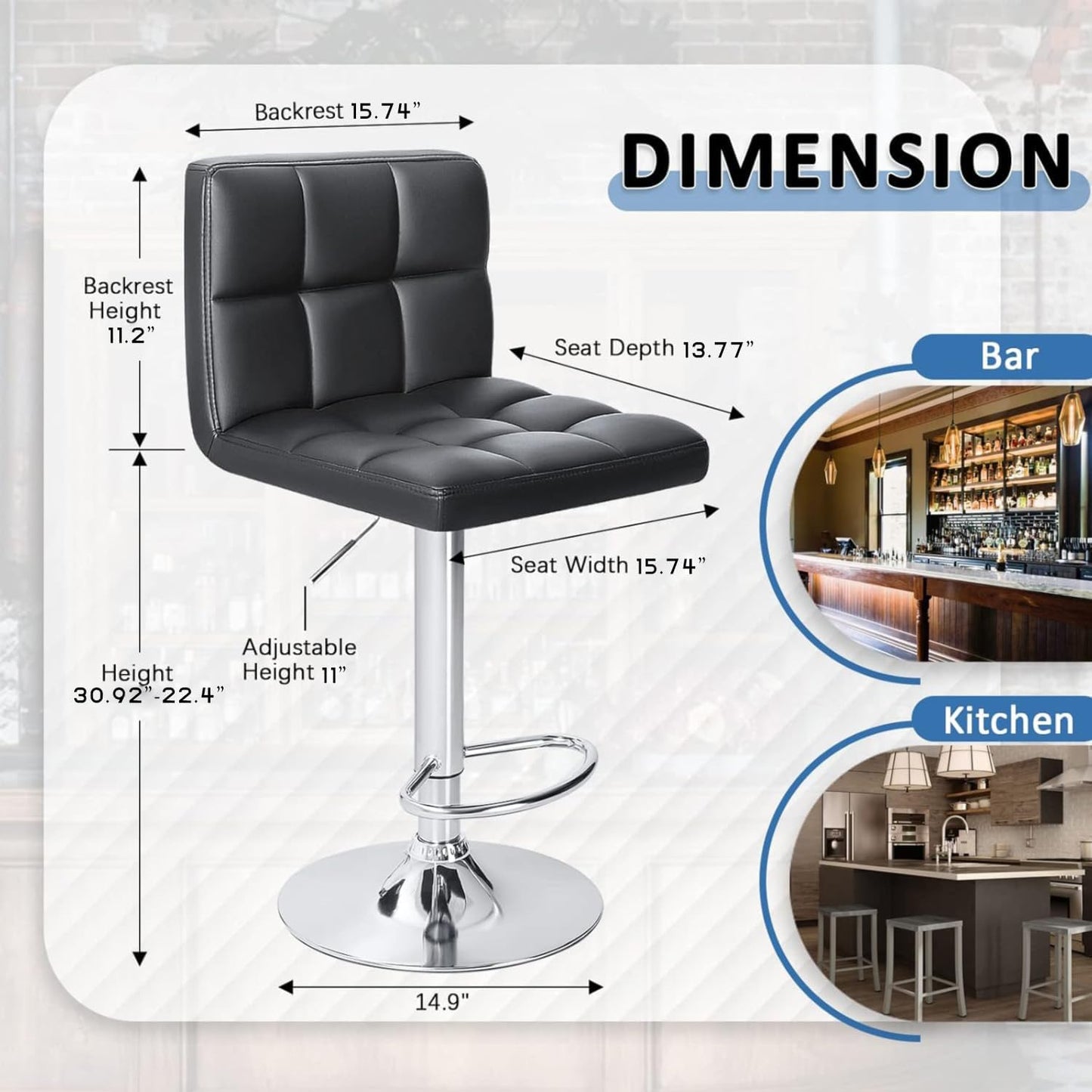 Homall Bar Stools Modern PU Leather Adjustable Swivel Barstools, Armless Hydraulic Kitchen Counter Bar Stool Extra Height Square Island Barstool with Back Set of 2 (Leather, Black)