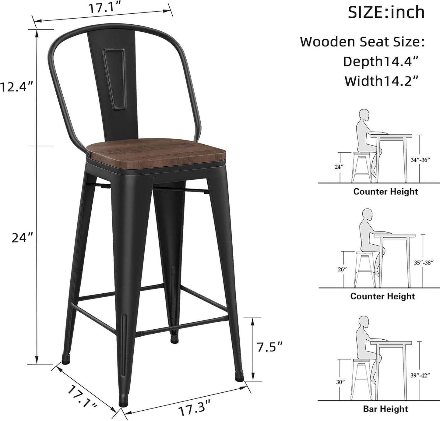 Yongqiang Barstools Set of 4 Counter Height Bar Stools for Kitchen Island Farmhouse Metal High Back Bar Chairs Wooden Seat 24" Matte Black