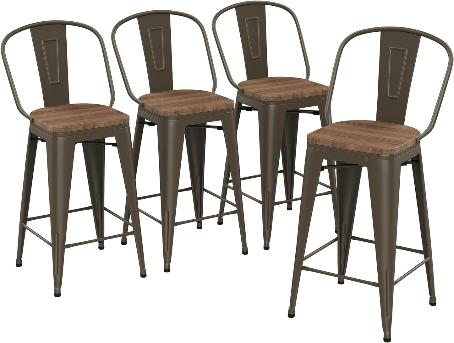 Yongqiang Barstools Set of 4 Counter Height Bar Stools for Kitchen Island Farmhouse Metal High Back Bar Chairs Wooden Seat 24" Matte Black