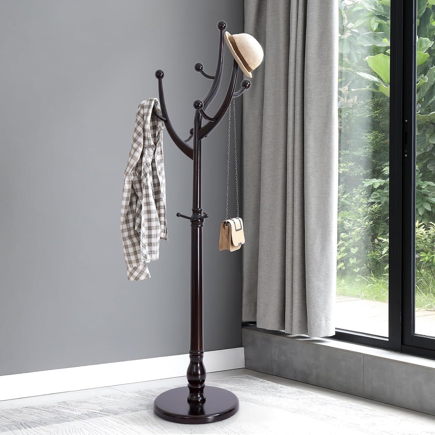 Coat Rack Freestanding Wood Coat Tree Rack with 8 Hooks, Creative Design Tree Branch-look, Standing Coat Rack Clothes Hanger Stand with Stury Base for Entryway, Hallway, Bedroom - Load 160lb (Walnut)