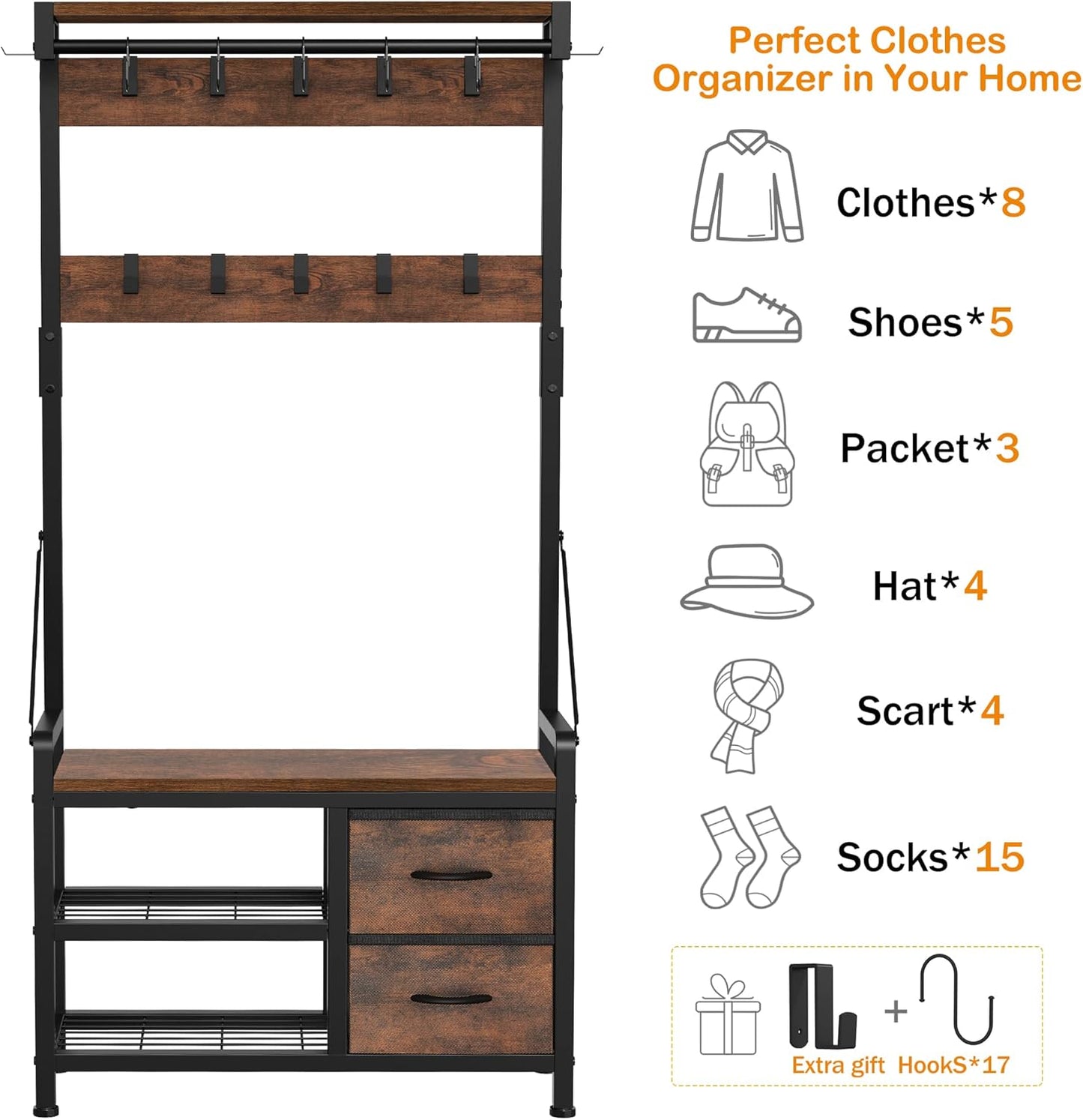 Lulive Hall Tree, 31.5” Entryway Bench with Coat Rack freestanding, 5 in 1 Intelligent Design Shoe Bench and Wall Rack 17 Hooks and Drawers (Rustic Brown)
