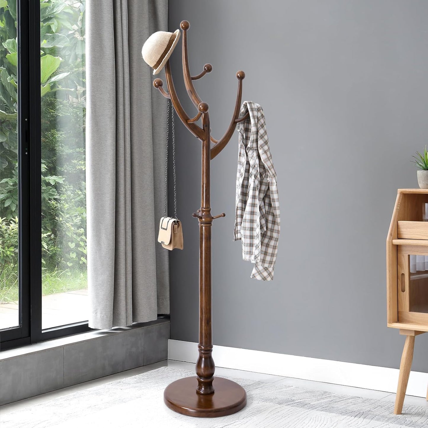 Coat Rack Freestanding Wood Coat Tree Rack with 8 Hooks, Creative Design Tree Branch-look, Standing Coat Rack Clothes Hanger Stand with Stury Base for Entryway, Hallway, Bedroom - Load 160lb (Walnut)
