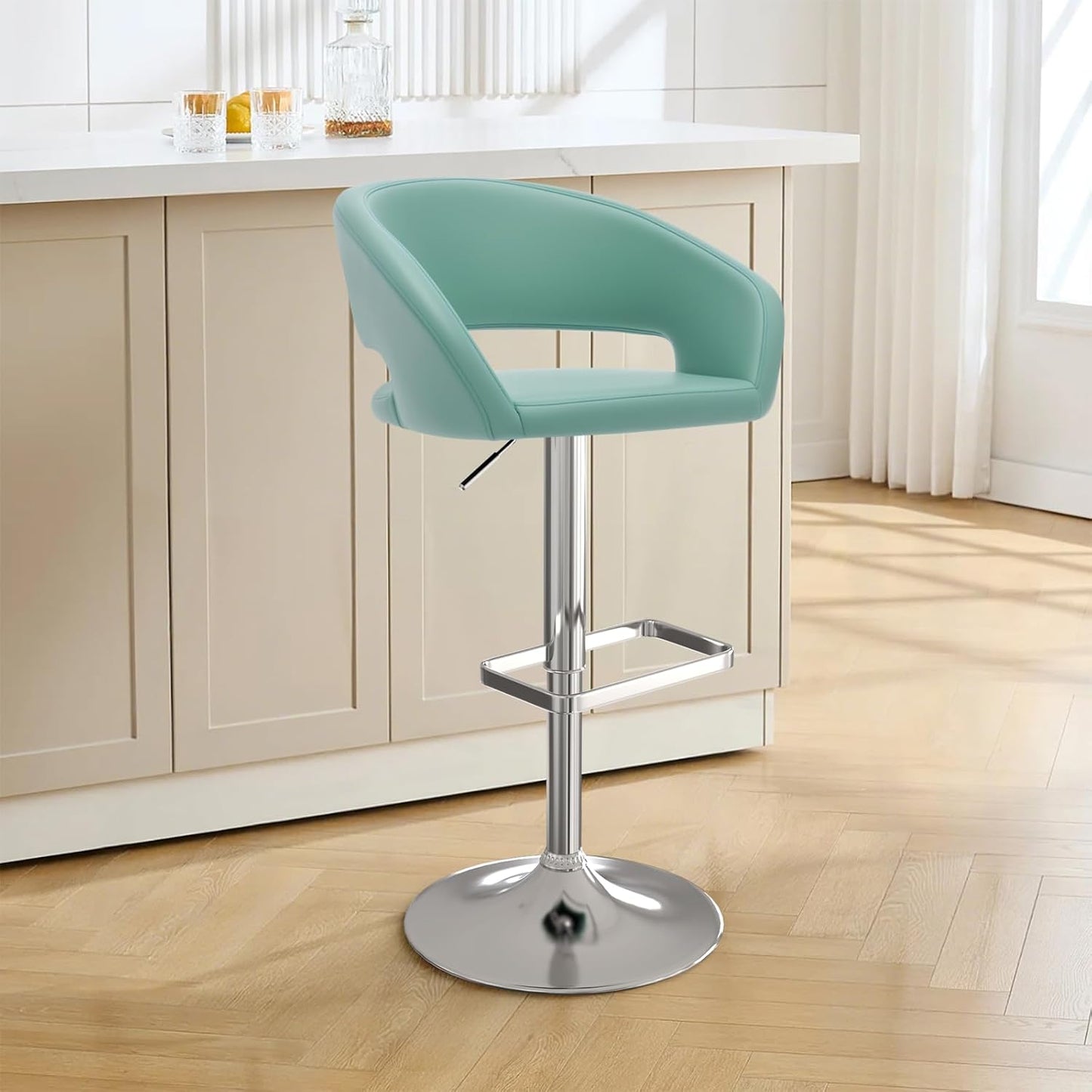 Adjustable Swivel Bar Stool with Arms, Hollow Back & Footrest, Modern PU Leather Counter Height Stools, Gas Lift Bar Chair for Kitchen Island, Home Bar, Dining Room (Black, Black Base)