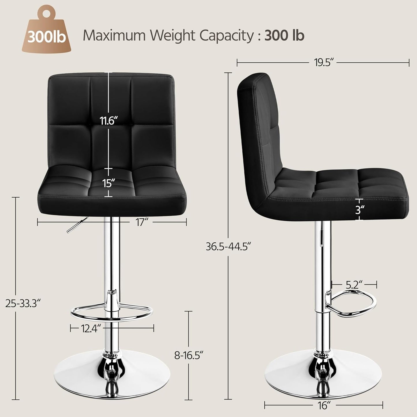 Yaheetech Bar Stools Set of 2, Adjustable PU Leather Swivel Barstools, Modern Counter Stools with Back and Footrest, Counter Height Barstools for Bar, Kitchen, Dining Room, Black