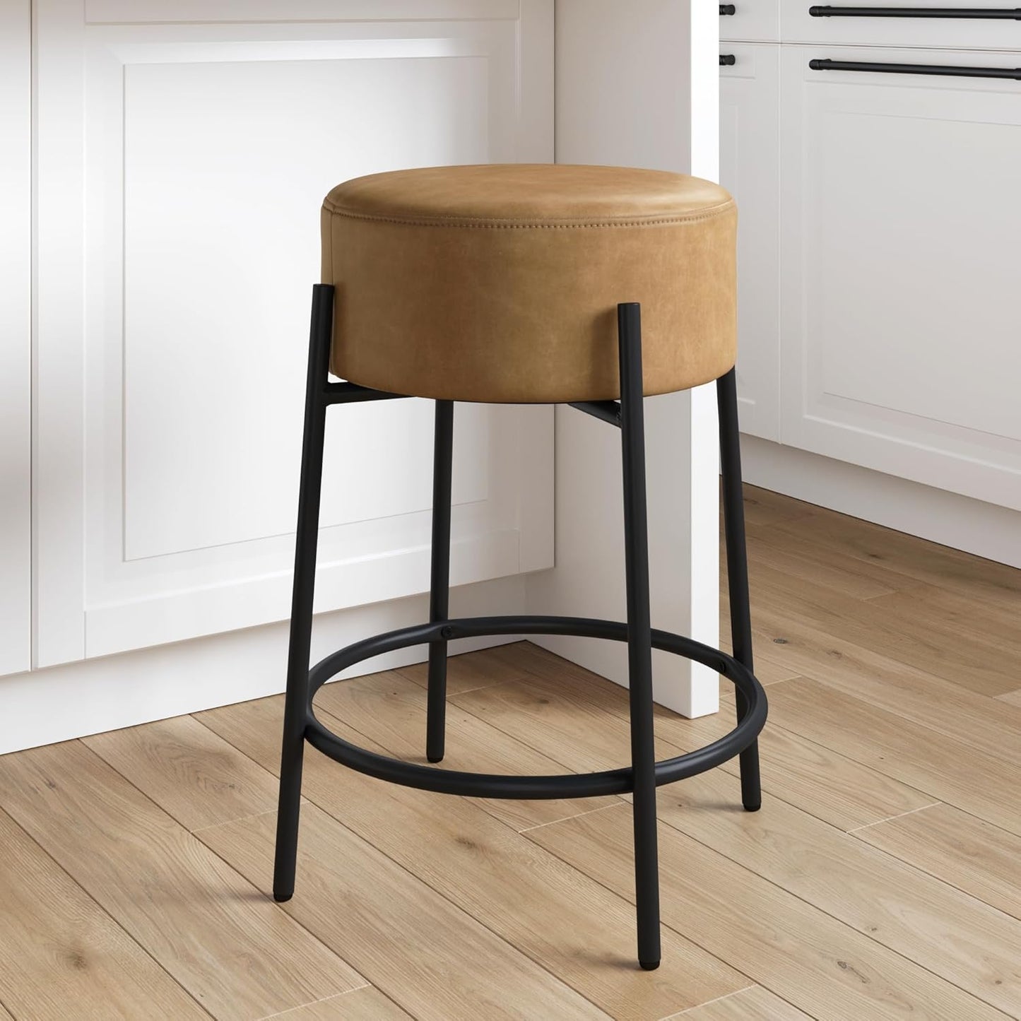 Nathan James Barker Classic Counter Height Wood Barstool with Leather Removable Cushion, Backless Island 24" Bar Stool for Kitchen, Chestnut Brown
