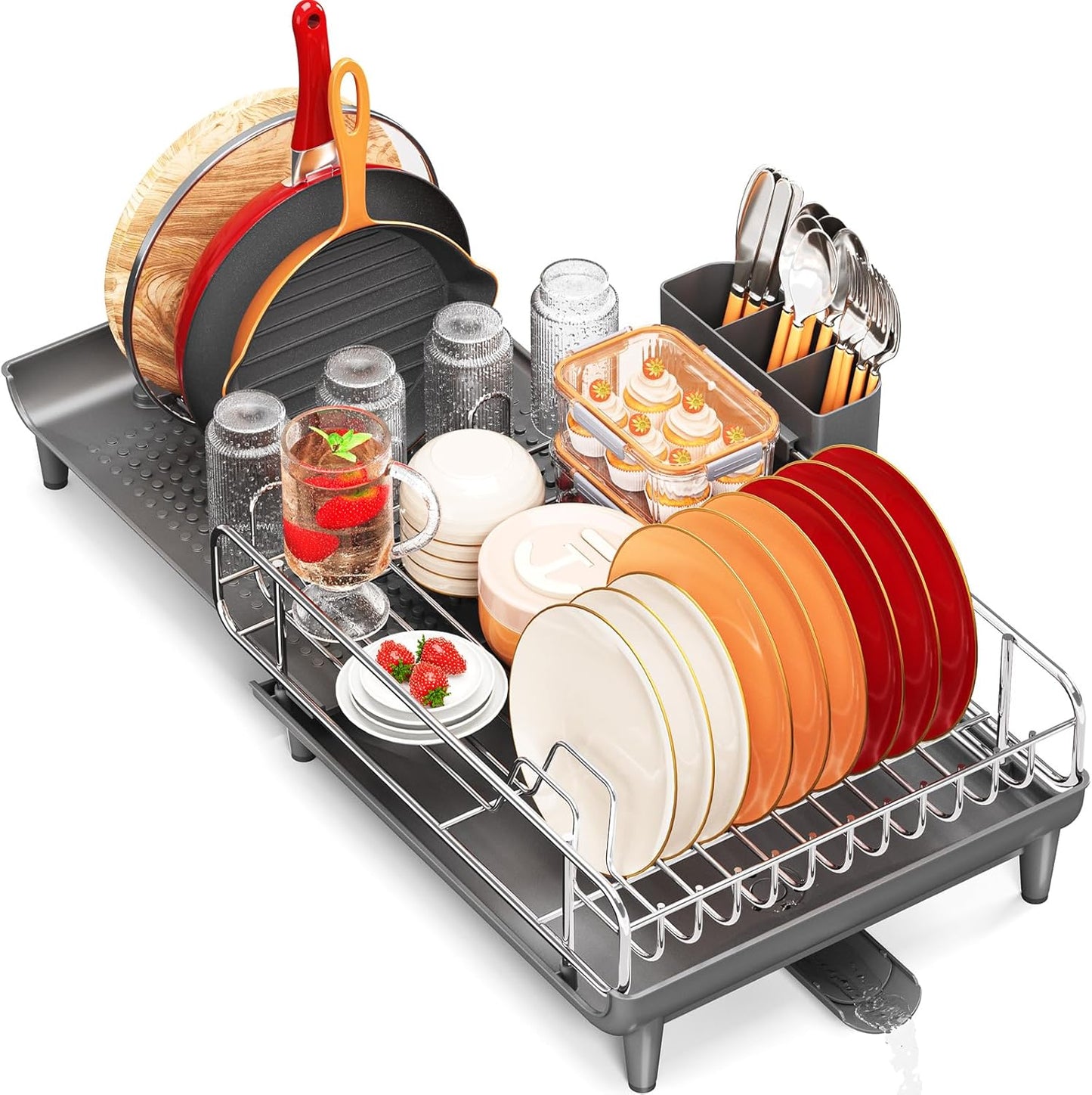 TOOLF Expandable Dish Rack, Dish Drying Rack for Kitchen Counter, Foldable Dish Dryer Rack, Stainless Steel Dish Drainer Racks with Cutlery Holder, Collapsible Dish Drying Racks Large Size,Black