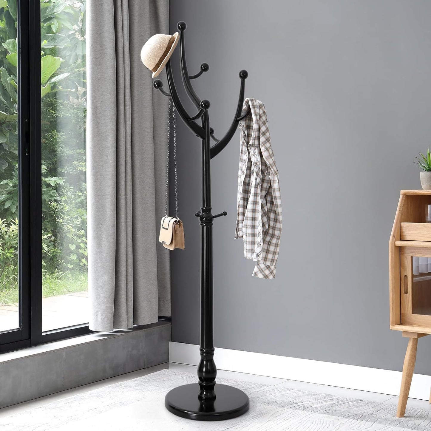 Coat Rack Freestanding Wood Coat Tree Rack with 8 Hooks, Creative Design Tree Branch-look, Standing Coat Rack Clothes Hanger Stand with Stury Base for Entryway, Hallway, Bedroom - Load 160lb (Walnut)