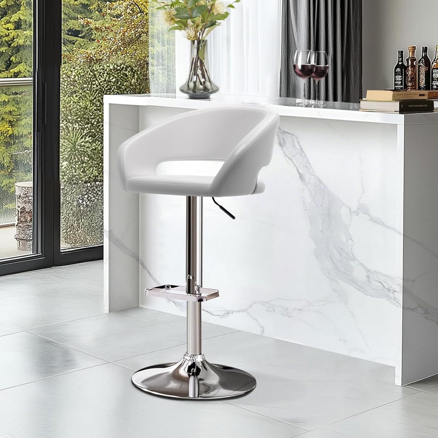 Adjustable Swivel Bar Stool with Arms, Hollow Back & Footrest, Modern PU Leather Counter Height Stools, Gas Lift Bar Chair for Kitchen Island, Home Bar, Dining Room (Black, Black Base)