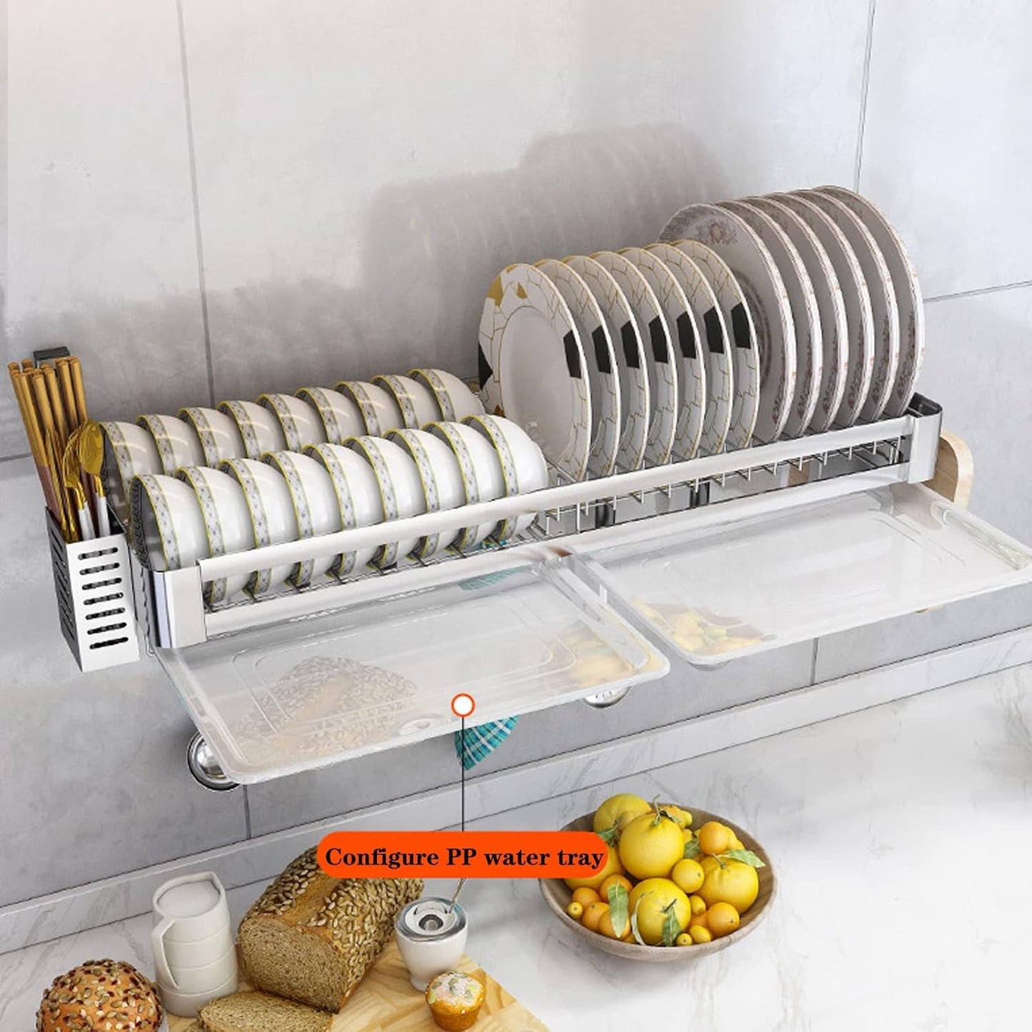 Stainless Steel Wall-Mounted Dish Rack, Dish Drying Rack with Drip Tray, Cutlery Rack and Cutting Board Rack, Silver (60x30cm,Silver)