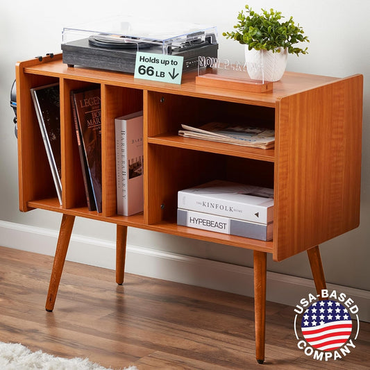 LOFT + IVY Record Player Stand with Vinyl Storage – Turntable Table with Shelves and Backboard – Walnut Wood Frame Vinyl Record Storage with Headphone Hook – Compact Audio Stand with Stabilizers