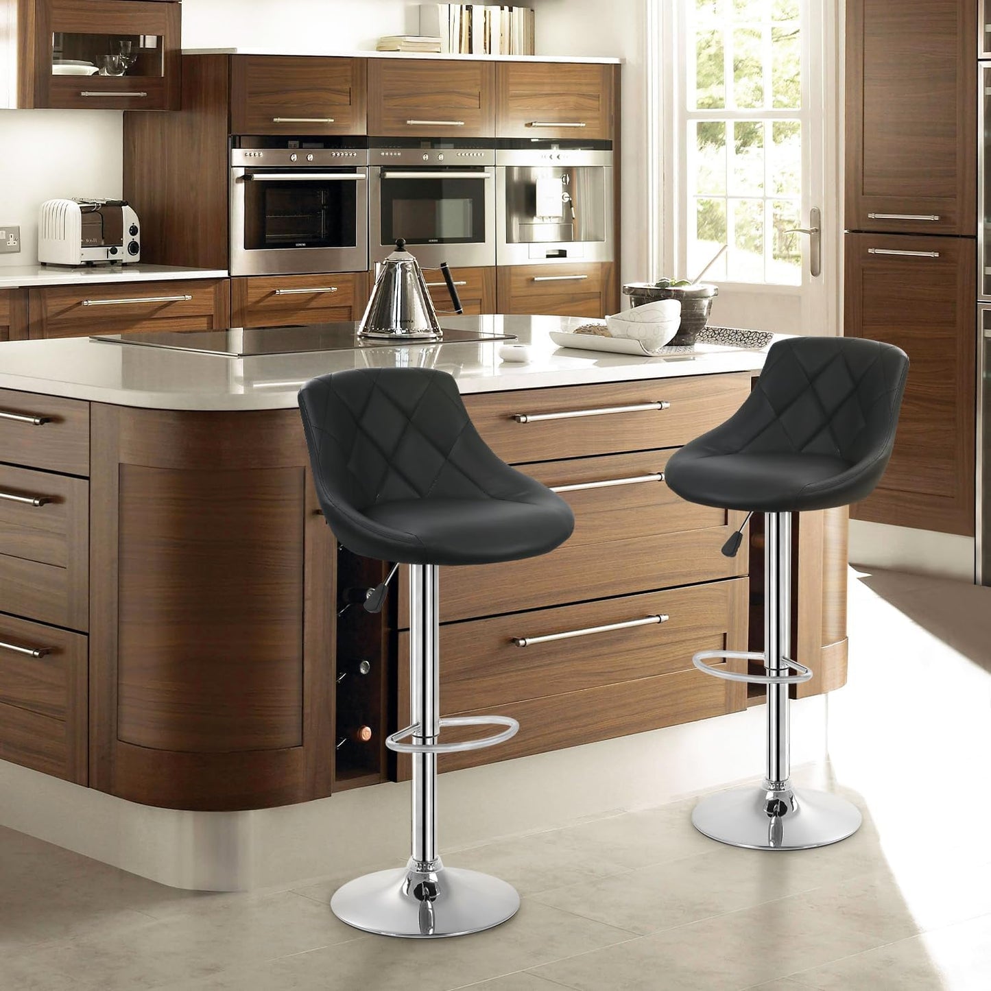 FDW Bar Stools Set of 2 Bar Stools Swivel Stool Height Adjustable Bar Chairs with Back PU Leather Swivel Bar Stool Kitchen Counter Stools Dining Chairs (Black)