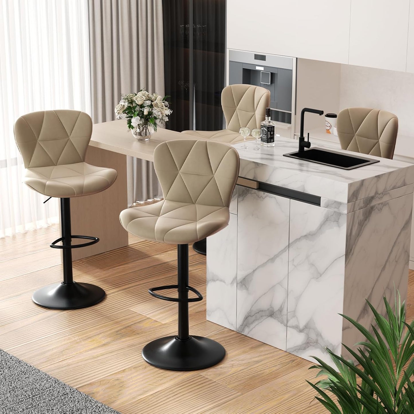 Modern Bar Stools Set of 2, Adjustable Faux Leather Upholstered Swivel Bar Stools, Counter Height Bar Chairs with Back for Kitchen Island, Black