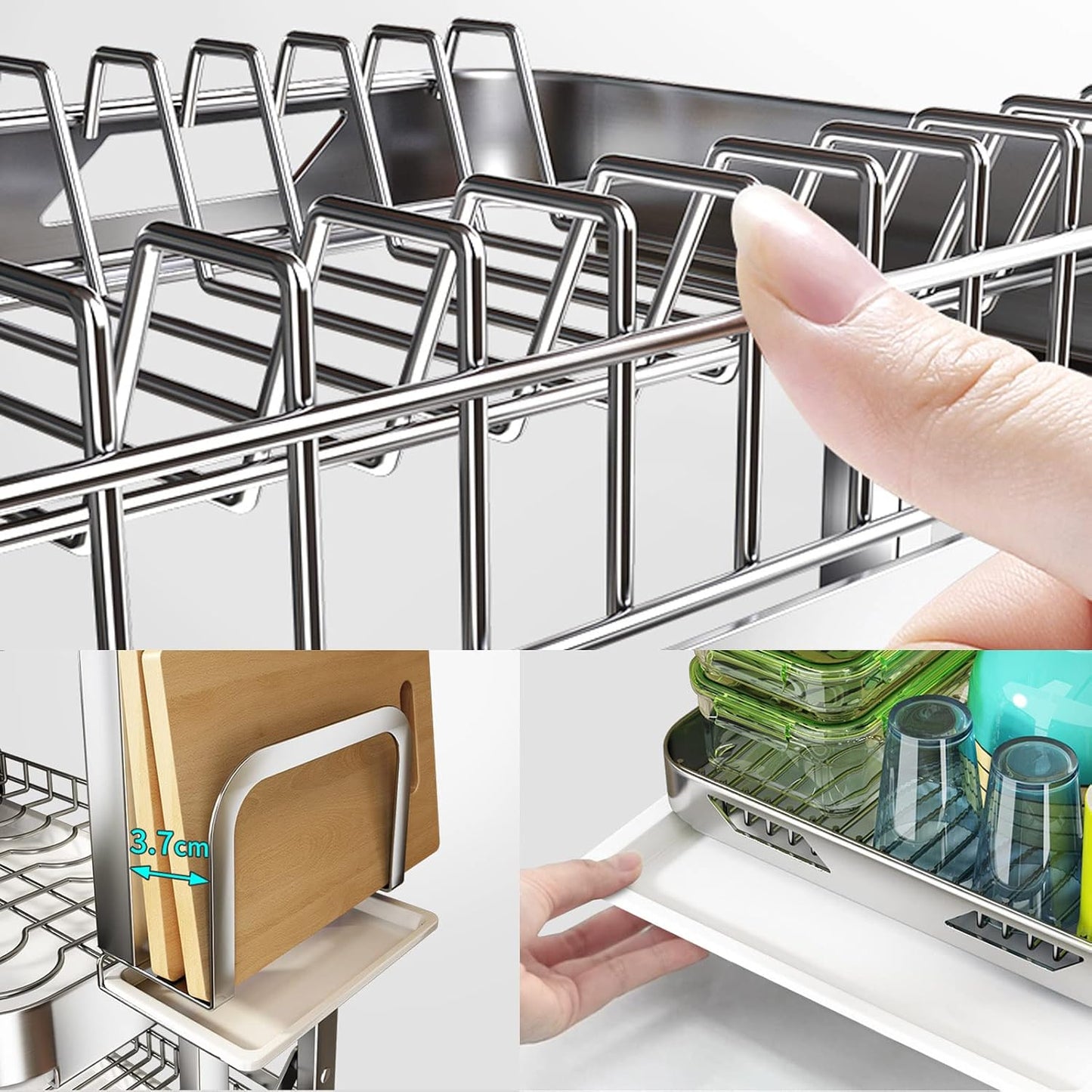Dish Drainers Kitchen Wall-Mounted Stainless Steel Dish Rack Drain Rack with Drain Pan,Foldable Dish Rack,Cutting Boards,Utensil,Cutlery Holder,Plate Rack for Kitchen Counter,3-Tier Dish D