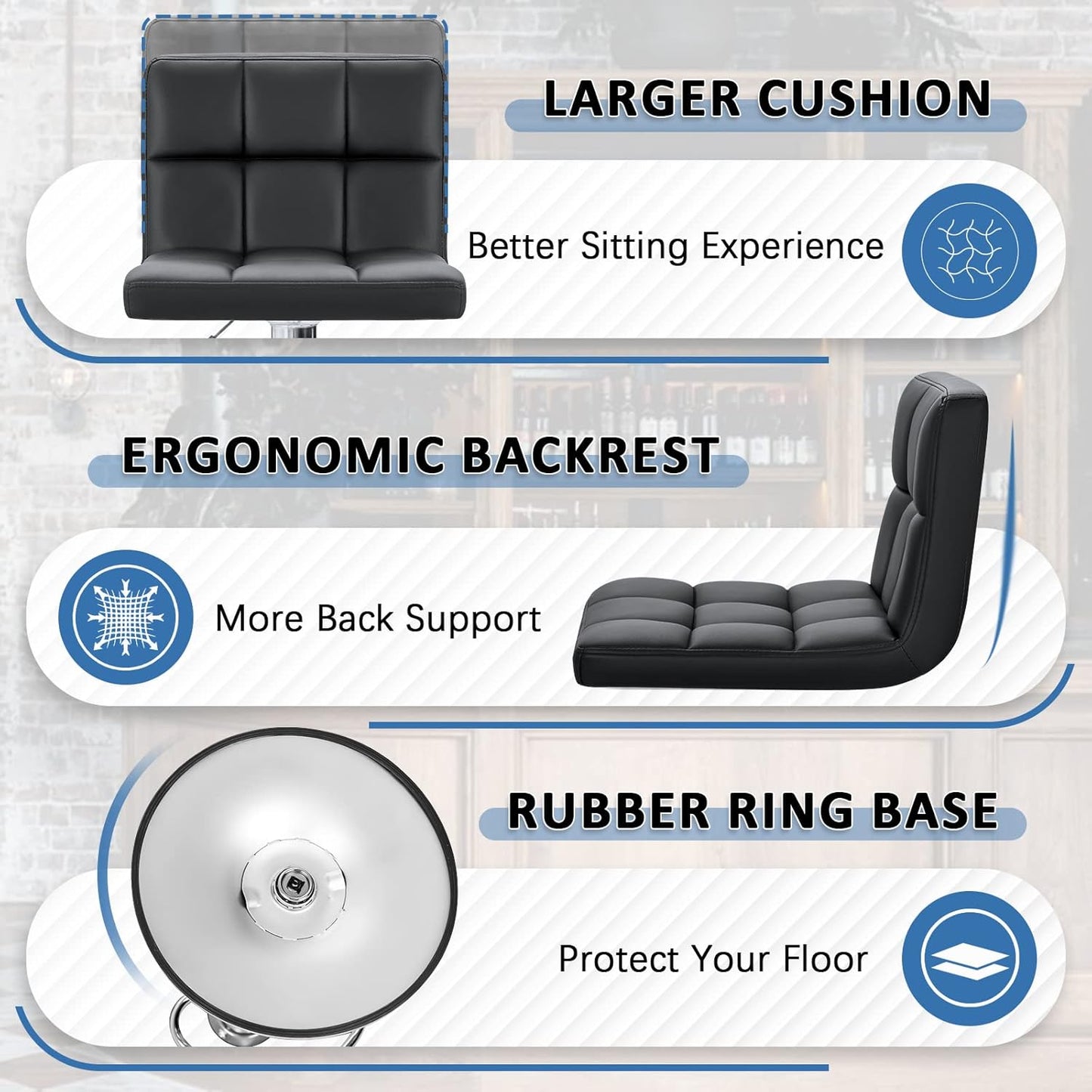 Homall Bar Stools Modern PU Leather Adjustable Swivel Barstools, Armless Hydraulic Kitchen Counter Bar Stool Extra Height Square Island Barstool with Back Set of 2 (Leather, Black)