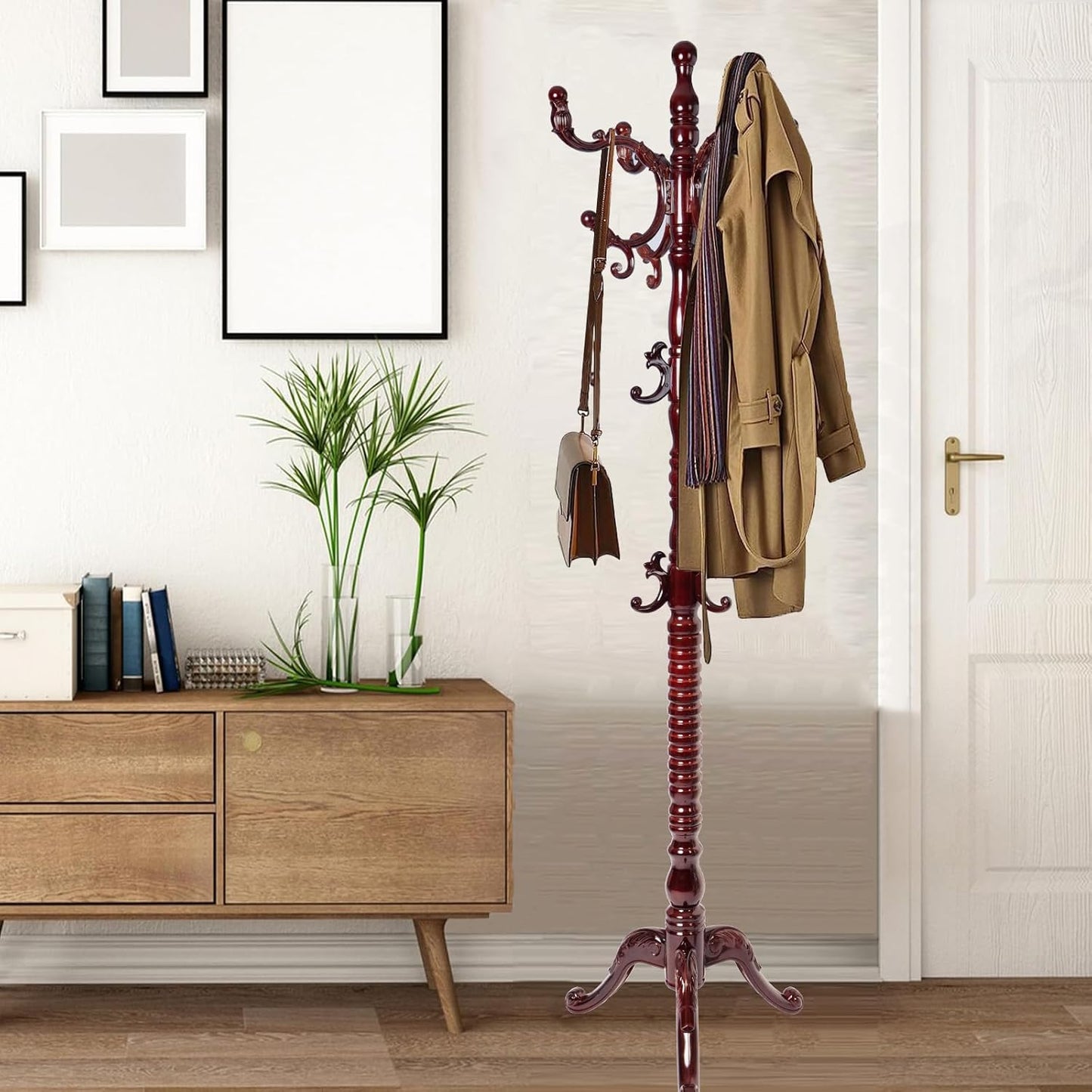 Coat Racks Free Standing with 14 Hooks, Natural Wood Coat Stands for Entryway, Adjustable Height 73 in Tree Coat Rack Stand for Hallway Home Office Bedroom (Mahogany)