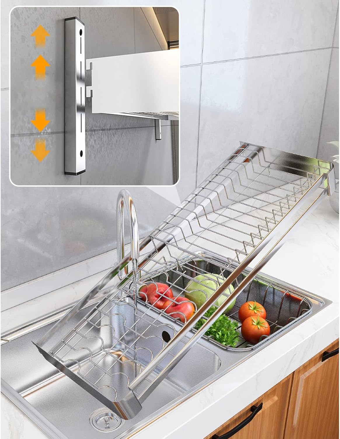Stainless Steel Wall-Mounted Dish Rack, Dish Drying Rack with Drip Tray, Cutlery Rack and Cutting Board Rack, Silver (60x30cm,Silver)