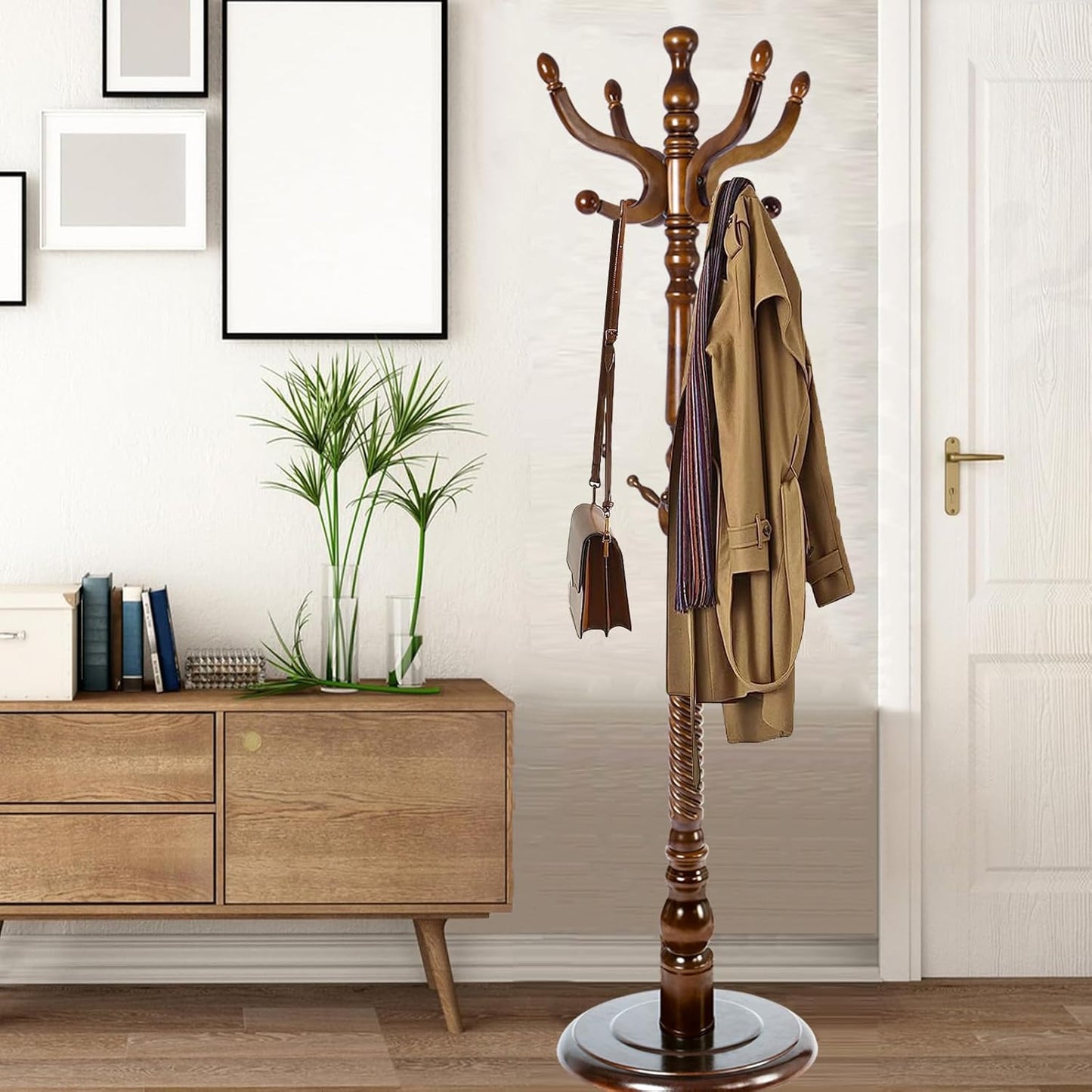 Coat Racks Free Standing with 14 Hooks, Natural Wood Coat Stands for Entryway, Adjustable Height 73 in Tree Coat Rack Stand for Hallway Home Office Bedroom (Mahogany)