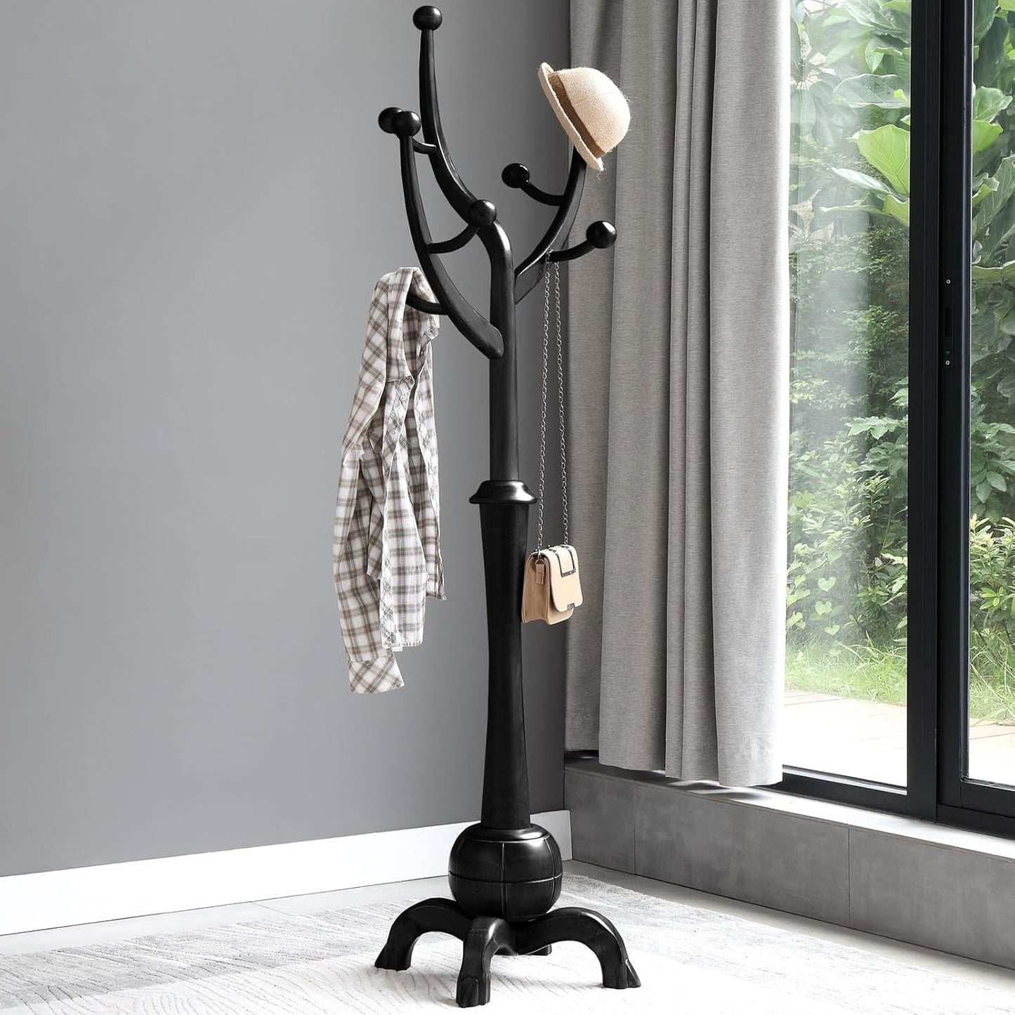 Coat Rack Freestanding Wood Coat Tree Rack with 8 Hooks, Creative Design Tree Branch-look, Standing Coat Rack Clothes Hanger Stand with Stury Base for Entryway, Hallway, Bedroom - Load 160lb (Walnut)