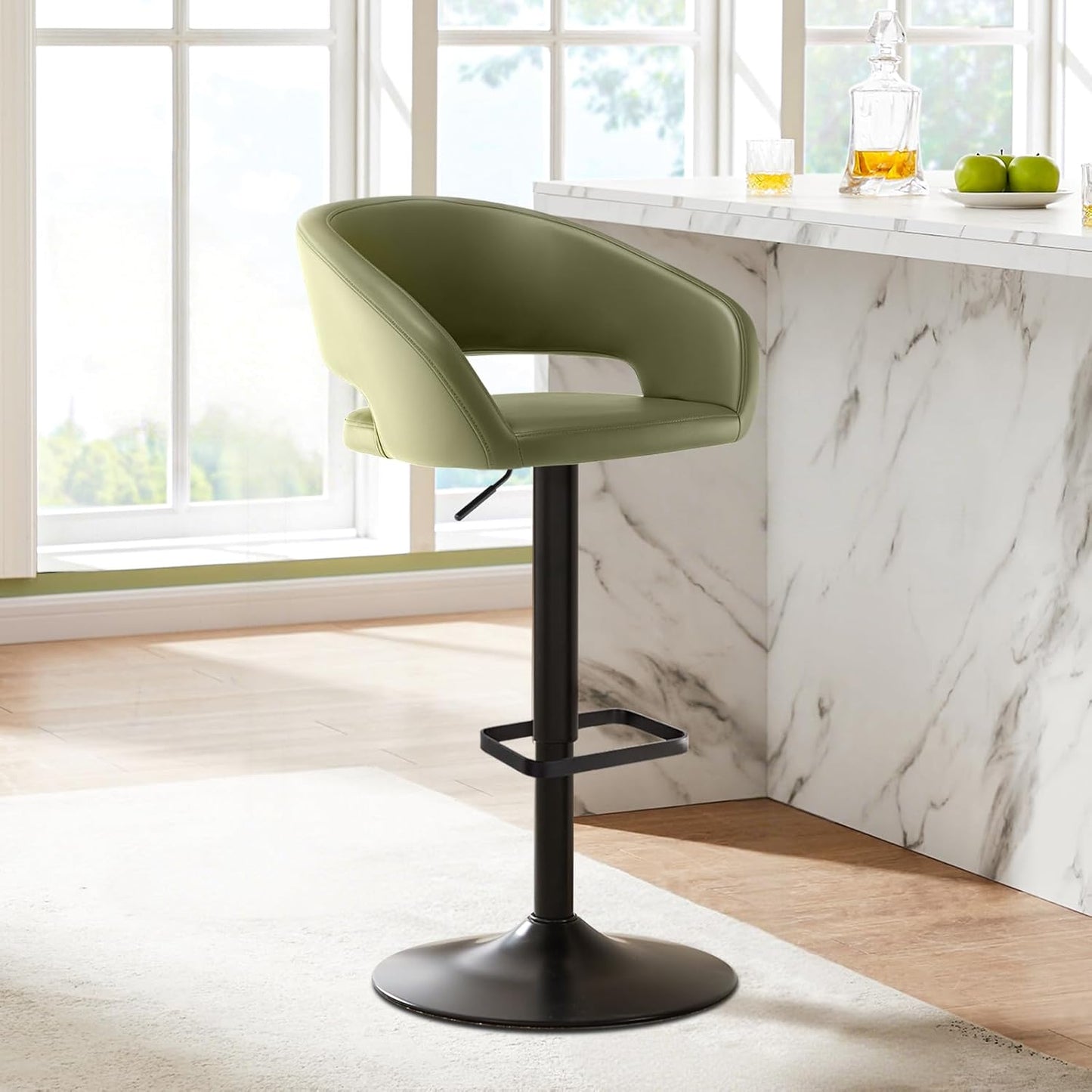 Adjustable Swivel Bar Stool with Arms, Hollow Back & Footrest, Modern PU Leather Counter Height Stools, Gas Lift Bar Chair for Kitchen Island, Home Bar, Dining Room (Black, Black Base)