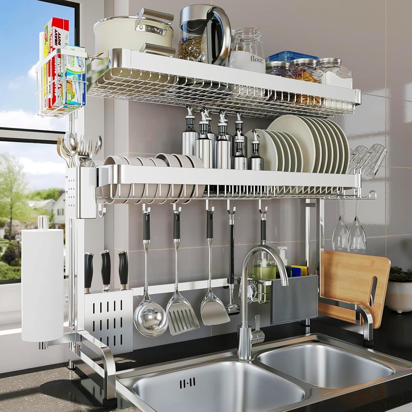 Over The Sink Dish Drying Rack,3 Tier Adjustable Length Full Stainless Steel Large Storage Kitchen Dish Rack,for Kitchen Counter Expandable Multifunctional Organizers,Silver (25.98-37.6")