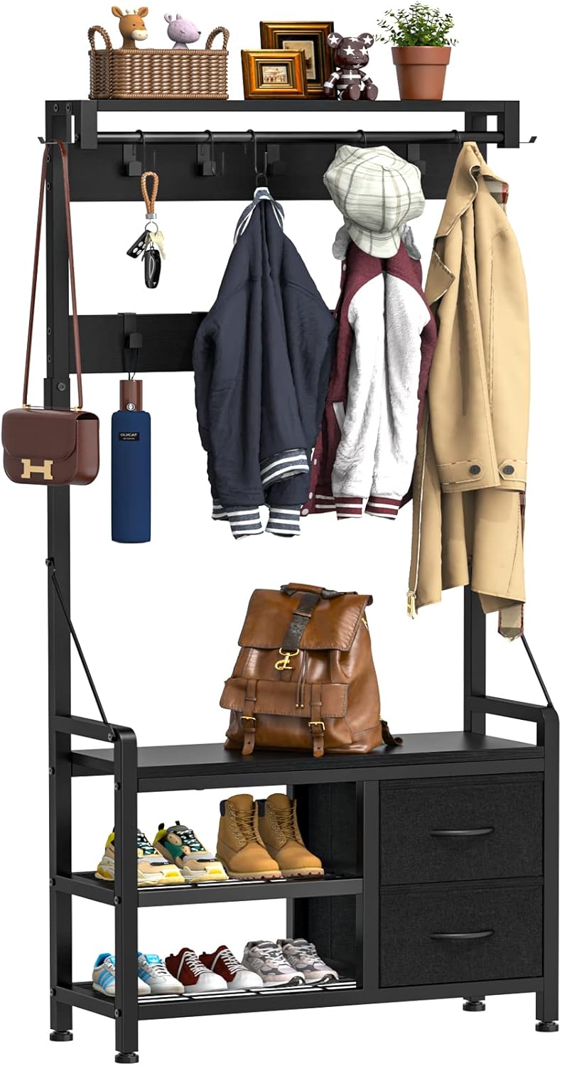 Lulive Hall Tree, 31.5” Entryway Bench with Coat Rack freestanding, 5 in 1 Intelligent Design Shoe Bench and Wall Rack 17 Hooks and Drawers (Rustic Brown)