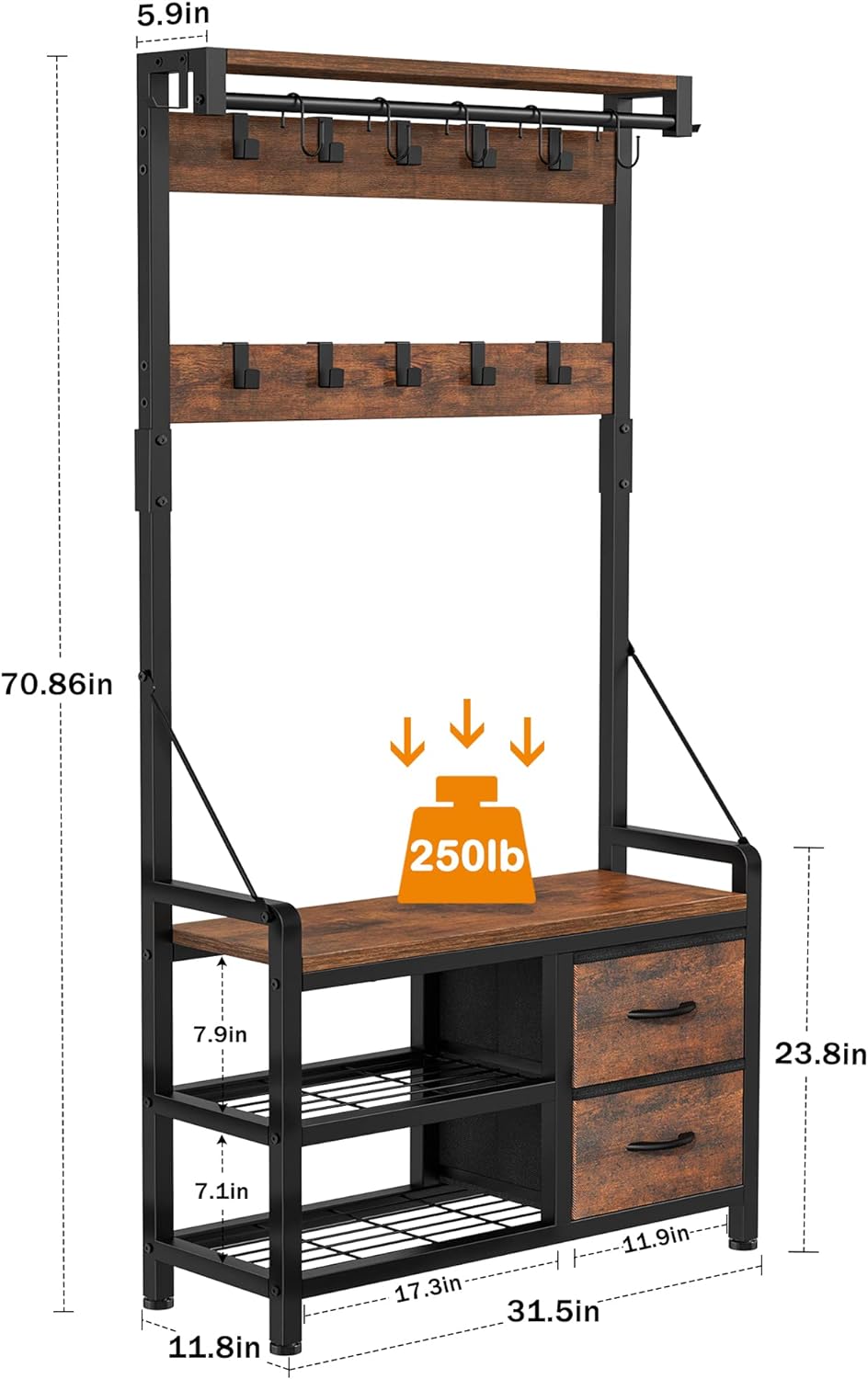 Lulive Hall Tree, 31.5” Entryway Bench with Coat Rack freestanding, 5 in 1 Intelligent Design Shoe Bench and Wall Rack 17 Hooks and Drawers (Rustic Brown)