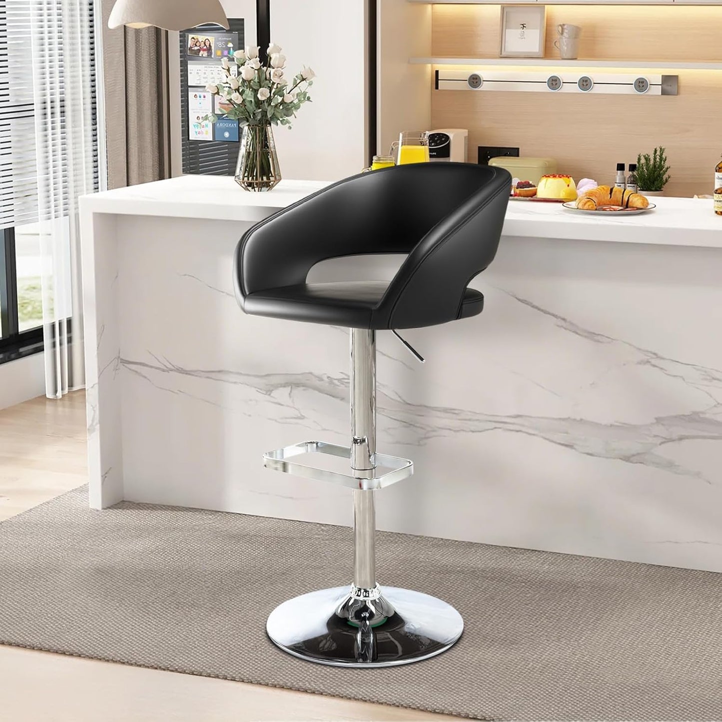Adjustable Swivel Bar Stool with Arms, Hollow Back & Footrest, Modern PU Leather Counter Height Stools, Gas Lift Bar Chair for Kitchen Island, Home Bar, Dining Room (Black, Black Base)