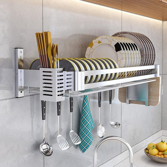 Stainless Steel Wall-Mounted Dish Rack, Dish Drying Rack with Drip Tray, Cutlery Rack and Cutting Board Rack, Silver (60x30cm,Silver)