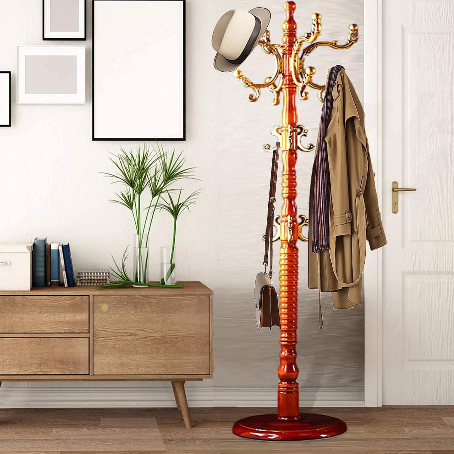Coat Racks Free Standing with 14 Hooks, Natural Wood Coat Stands for Entryway, Adjustable Height 73 in Tree Coat Rack Stand for Hallway Home Office Bedroom (Mahogany)