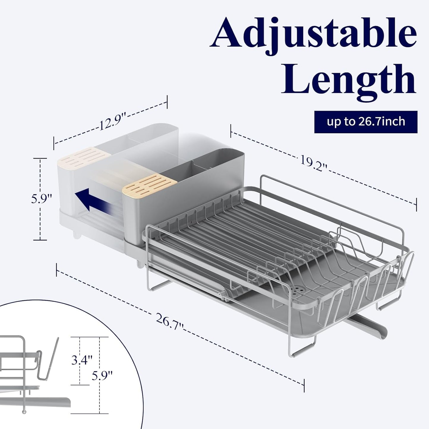 Kitsure Large Dish Drying Rack - Extendable Dish Rack, Multifunctional Dish Rack for Kitchen Counter, Anti-Rust Dish Drainers with Cutlery & Cup Holders 19.2"-26.7" L x 12.9" W, Grey