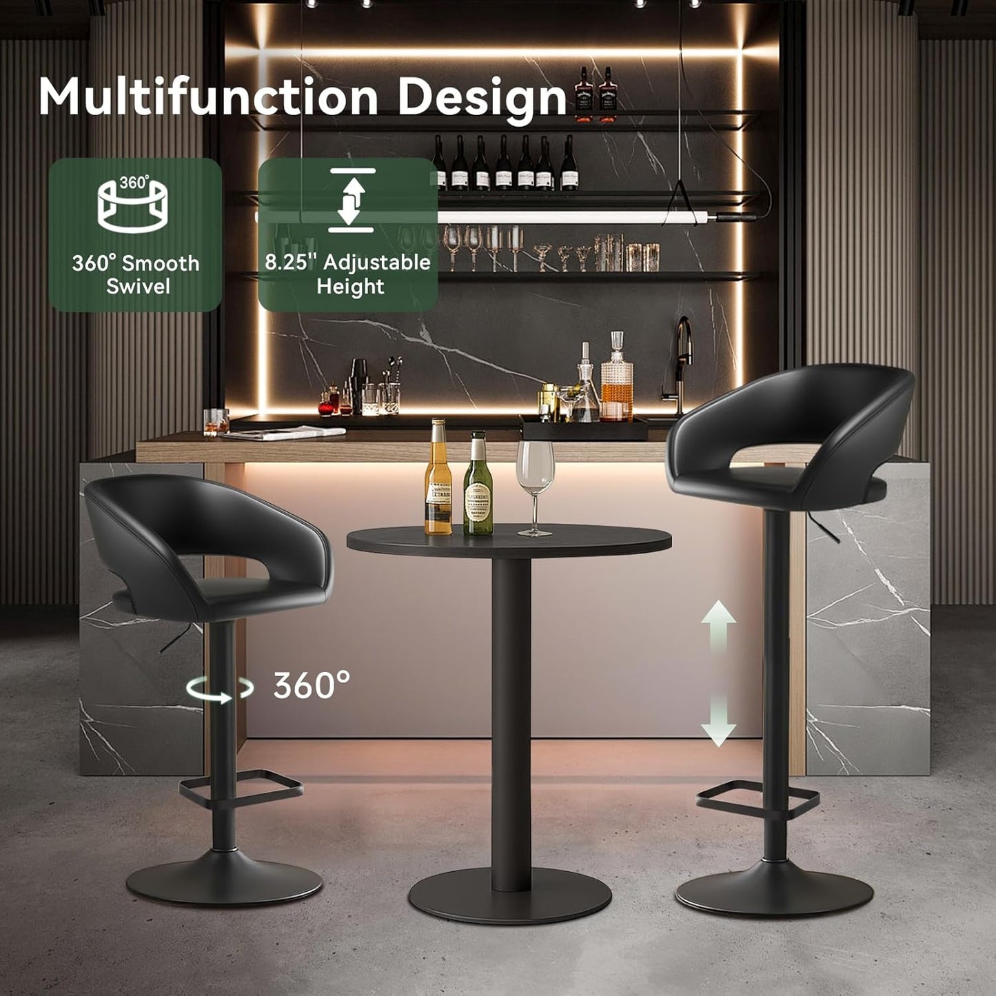 Adjustable Swivel Bar Stool with Arms, Hollow Back & Footrest, Modern PU Leather Counter Height Stools, Gas Lift Bar Chair for Kitchen Island, Home Bar, Dining Room (Black, Black Base)