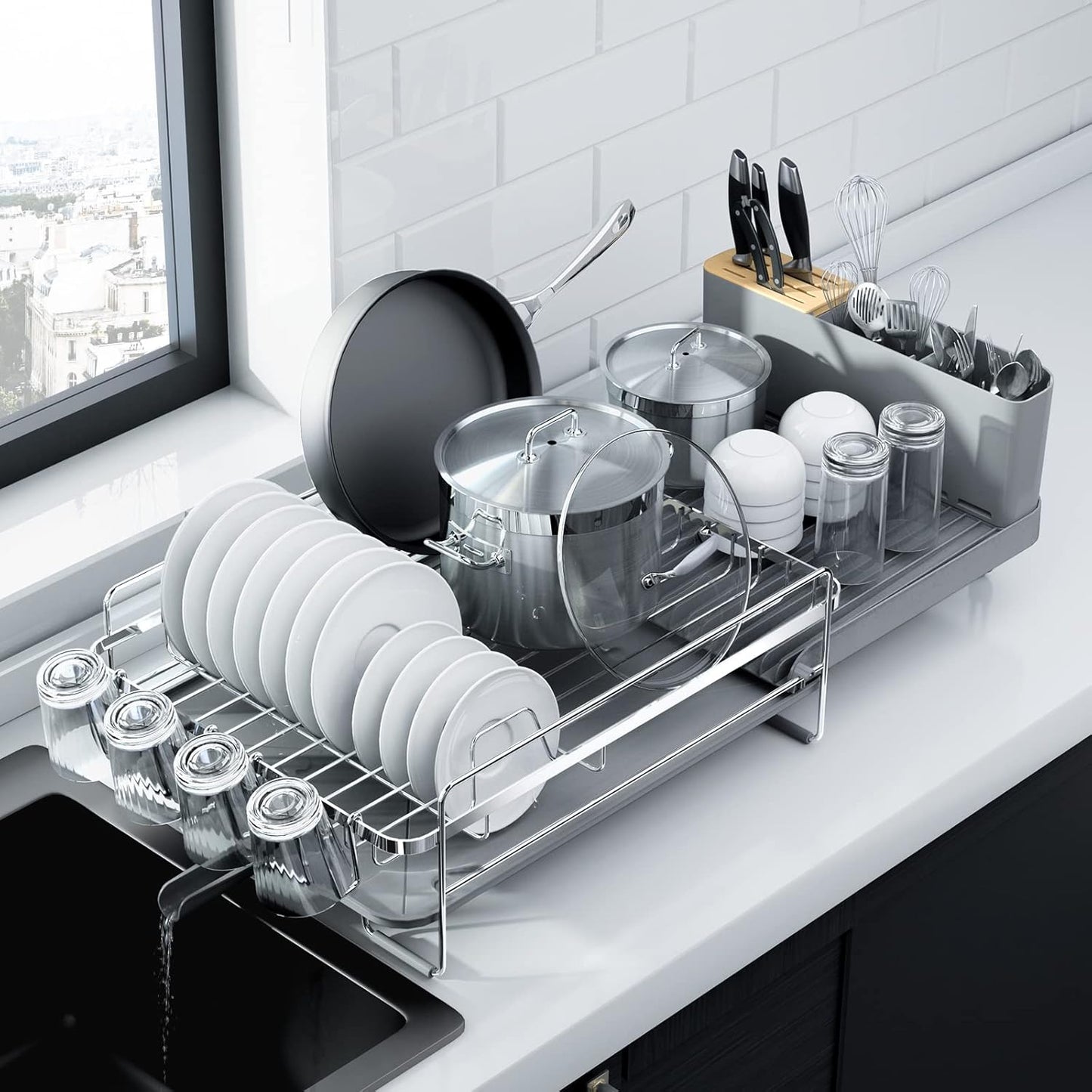 Kitsure Large Dish Drying Rack - Extendable Dish Rack, Multifunctional Dish Rack for Kitchen Counter, Anti-Rust Dish Drainers with Cutlery & Cup Holders 19.2"-26.7" L x 12.9" W, Black
