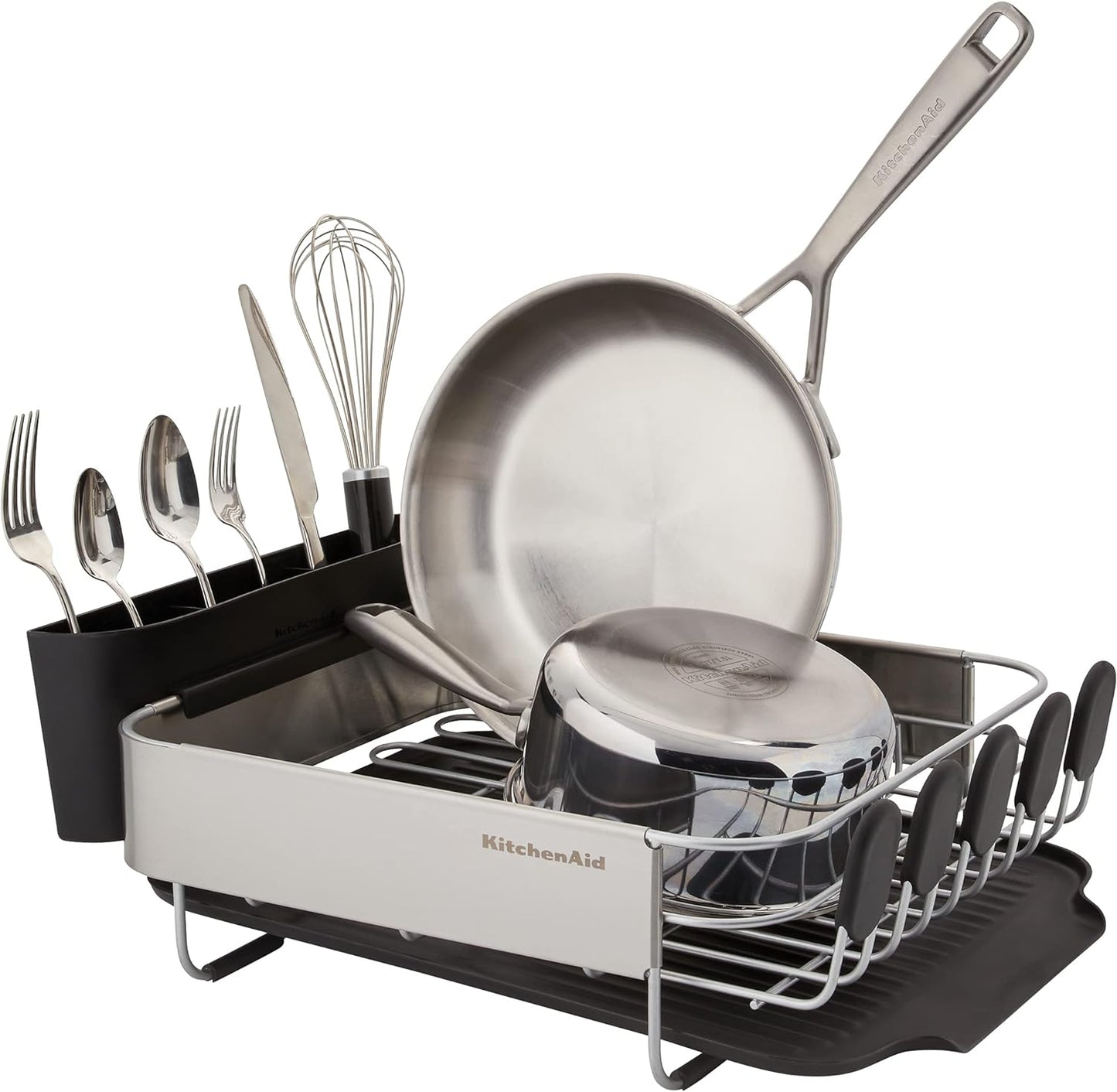 KitchenAid Compact, Space Saving Rust Resistant Dish Rack with Removable Flatware Caddy and Angled Self Draining Drainboard, 16.06-Inch, Black