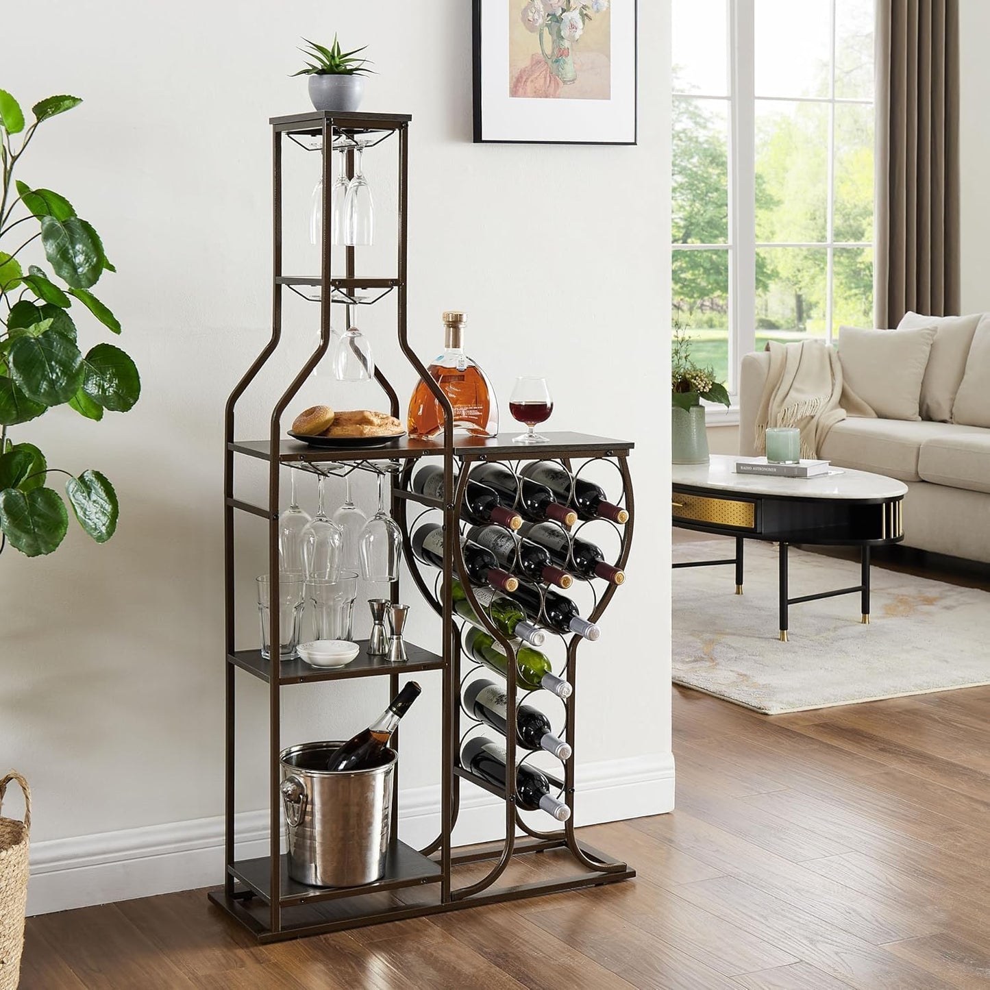 5-Tier Wine Rack Freestanding Floor, 11 Bottles Modern Wooden Wine Holder-Storage Cabinet for Home Bar, Kitchen, Dining Room Space Saving Bar Stand with Easy Assembly.(Deep red)
