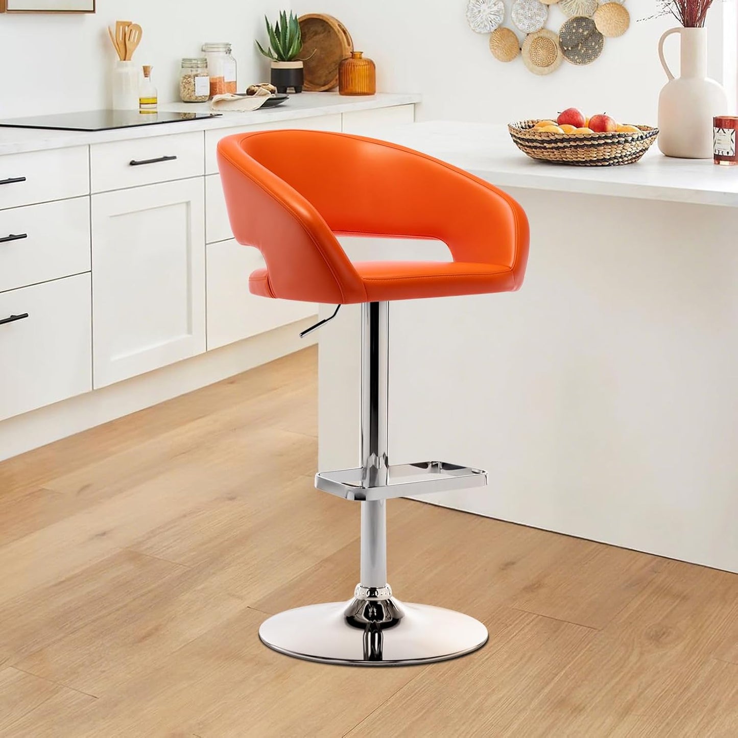 Adjustable Swivel Bar Stool with Arms, Hollow Back & Footrest, Modern PU Leather Counter Height Stools, Gas Lift Bar Chair for Kitchen Island, Home Bar, Dining Room (Black, Black Base)