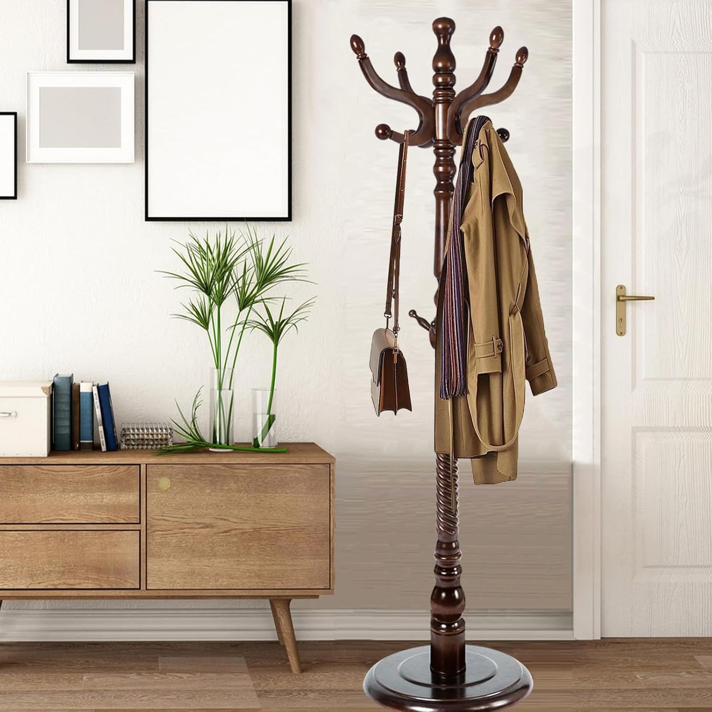 Coat Racks Free Standing with 14 Hooks, Natural Wood Coat Stands for Entryway, Adjustable Height 73 in Tree Coat Rack Stand for Hallway Home Office Bedroom (Mahogany)