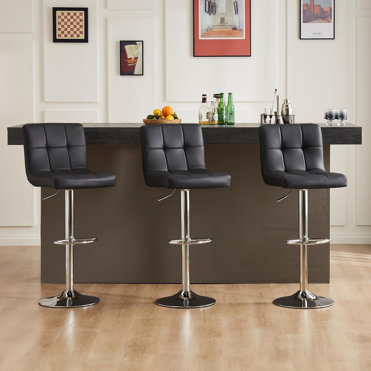 DUMOS Bar Stools Set of 4, 24 inch Counter Height Bar Stools, Upholstered Modern Kitchen Barstools with Metal Base, PU Leather Saddle Stools for Kitchen Island, Black