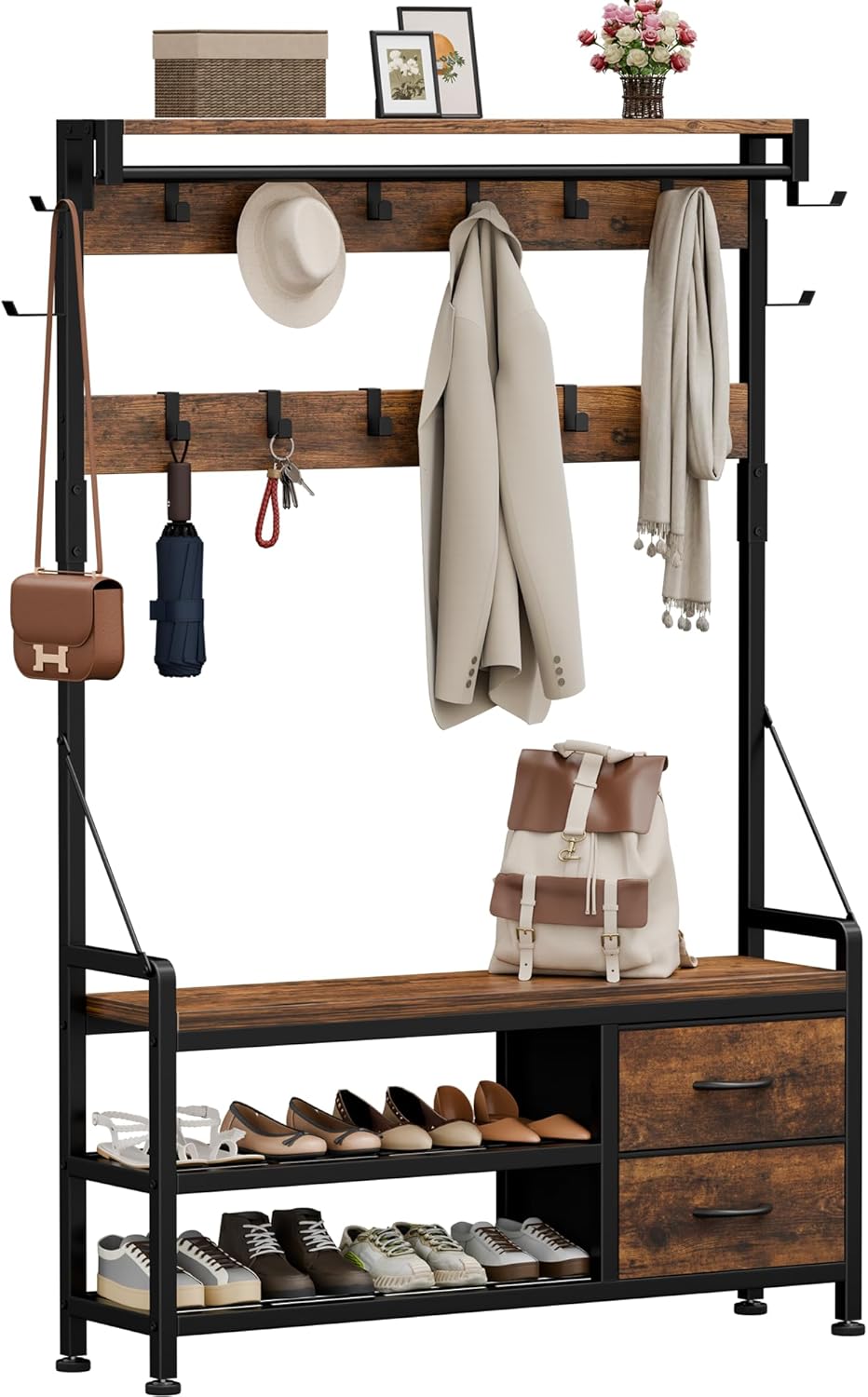 Lulive Hall Tree, 31.5” Entryway Bench with Coat Rack freestanding, 5 in 1 Intelligent Design Shoe Bench and Wall Rack 17 Hooks and Drawers (Rustic Brown)