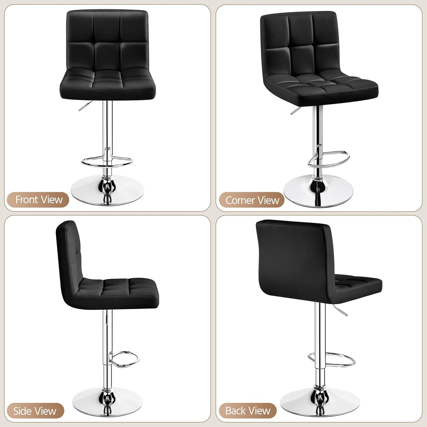 Yaheetech Bar Stools Set of 2, Adjustable PU Leather Swivel Barstools, Modern Counter Stools with Back and Footrest, Counter Height Barstools for Bar, Kitchen, Dining Room, Black