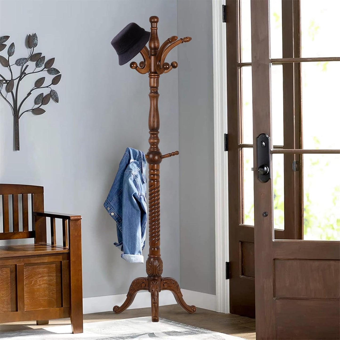 Coat Rack Freestanding Wood Coat Tree Rack with 8 Hooks, Creative Design Tree Branch-look, Standing Coat Rack Clothes Hanger Stand with Stury Base for Entryway, Hallway, Bedroom - Load 160lb (Walnut)