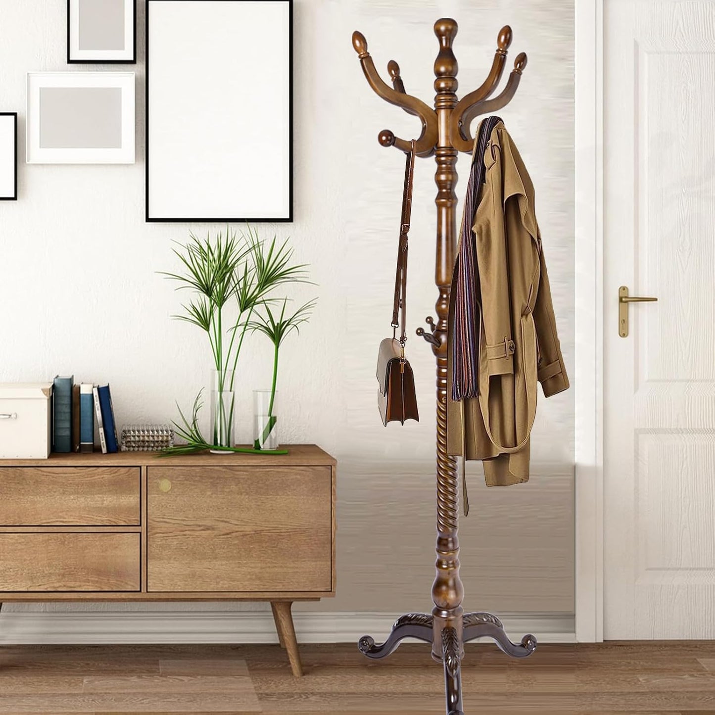 Coat Racks Free Standing with 14 Hooks, Natural Wood Coat Stands for Entryway, Adjustable Height 73 in Tree Coat Rack Stand for Hallway Home Office Bedroom (Mahogany)