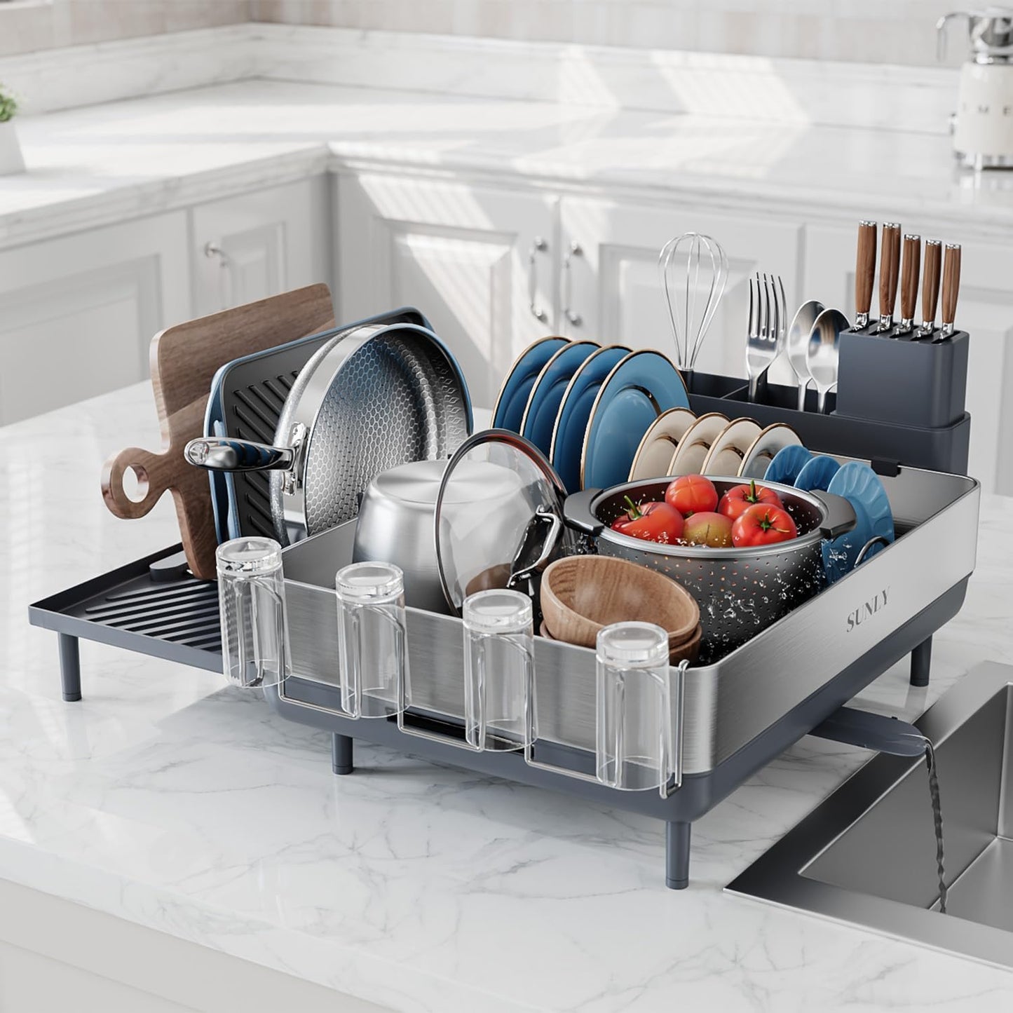 SUNLY Large Dish Drying Rack, Expandable Dish Racks for Kitchen Counter, Space Saving 304 Stainless Steel Drying Rack Kitchen, Extra Large Drainer with Multifunctional Flip Up Pegs, Black