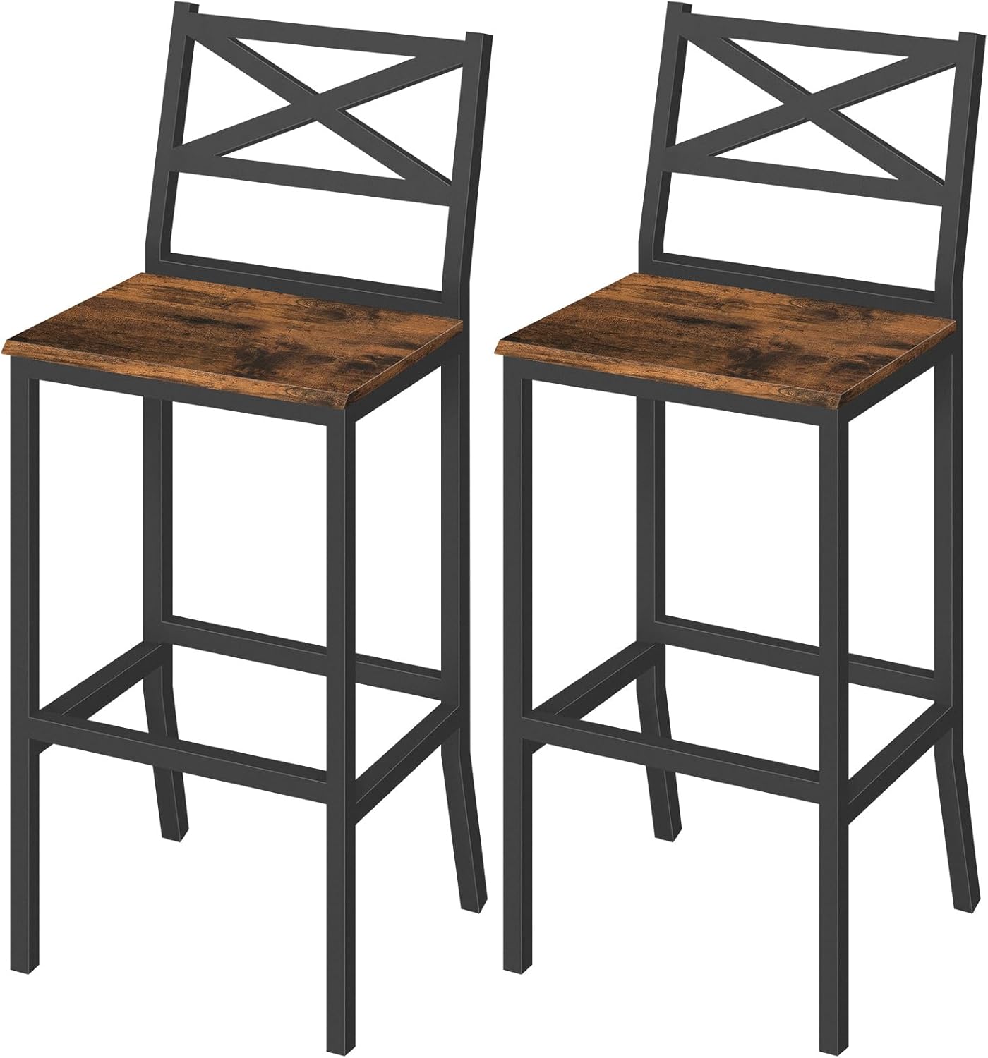 Bar Stools, Set of 2 Bar Chairs with Backrest and Footrest, 26" Tall Counter Bar Stools, Kitchen Breakfast Bar Chairs, Easy Assembly, for Dining Room, Rustic Brown BAHR0901N1