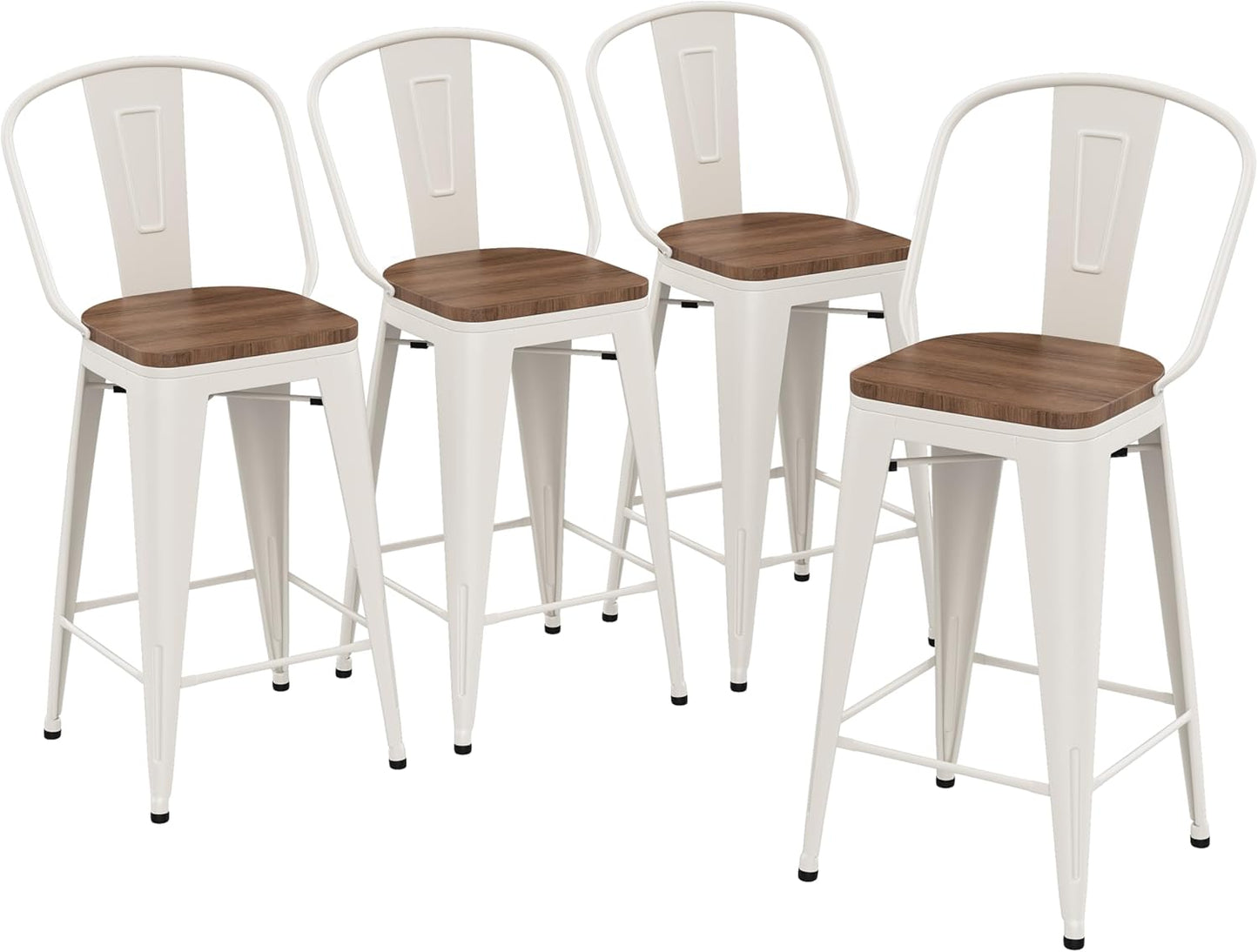 Yongqiang Barstools Set of 4 Counter Height Bar Stools for Kitchen Island Farmhouse Metal High Back Bar Chairs Wooden Seat 24" Matte Black